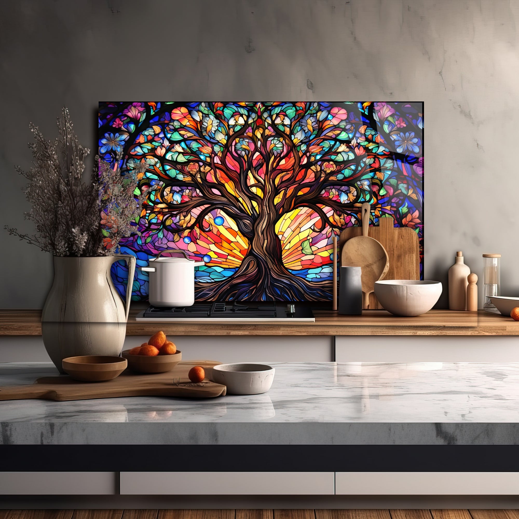 Renkli Ocak Arkası Temperli Cam Panel – Modern Mutfak Backsplash Dekoru