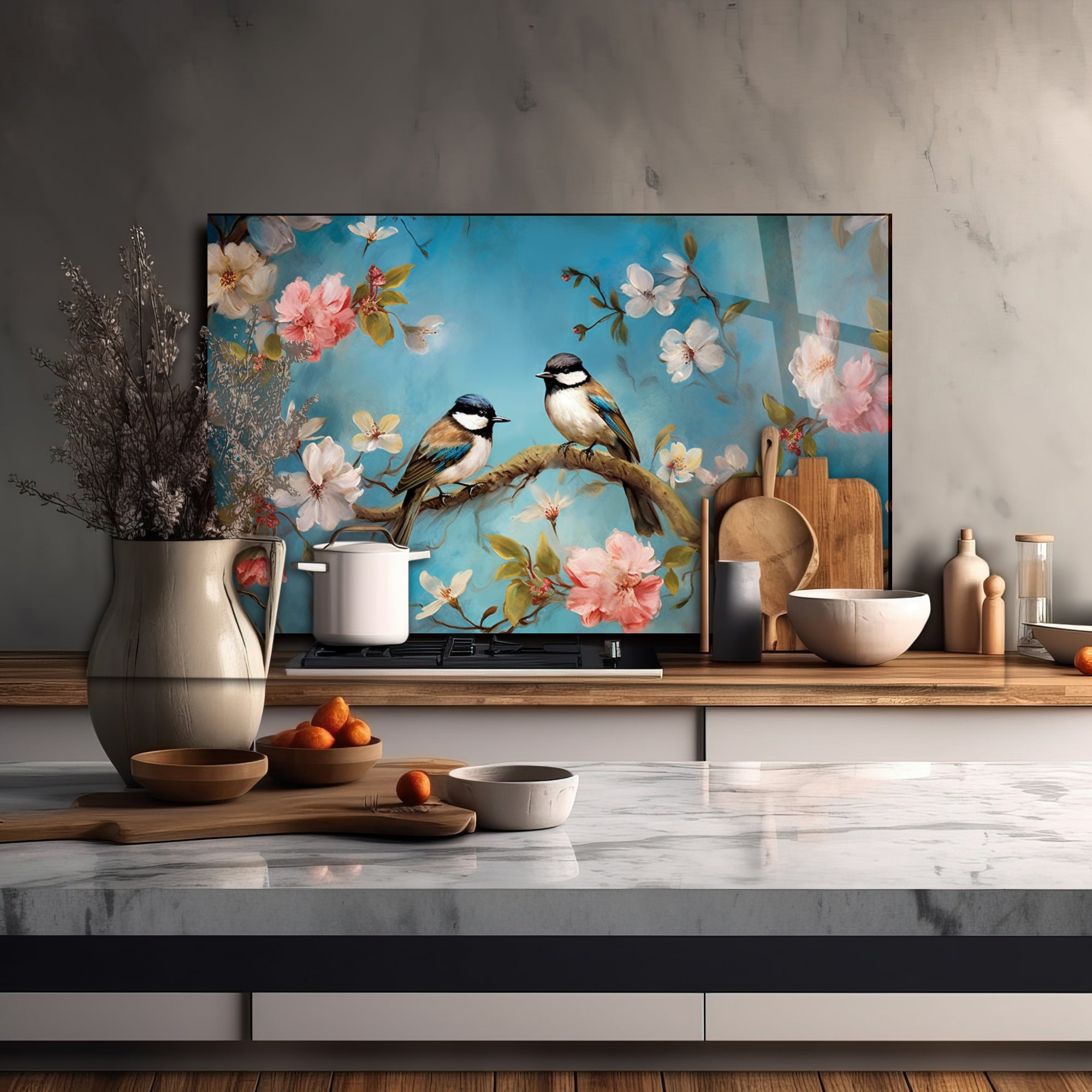 Renkli Ocak Arkası Temperli Cam Panel – Modern Mutfak Backsplash Dekoru