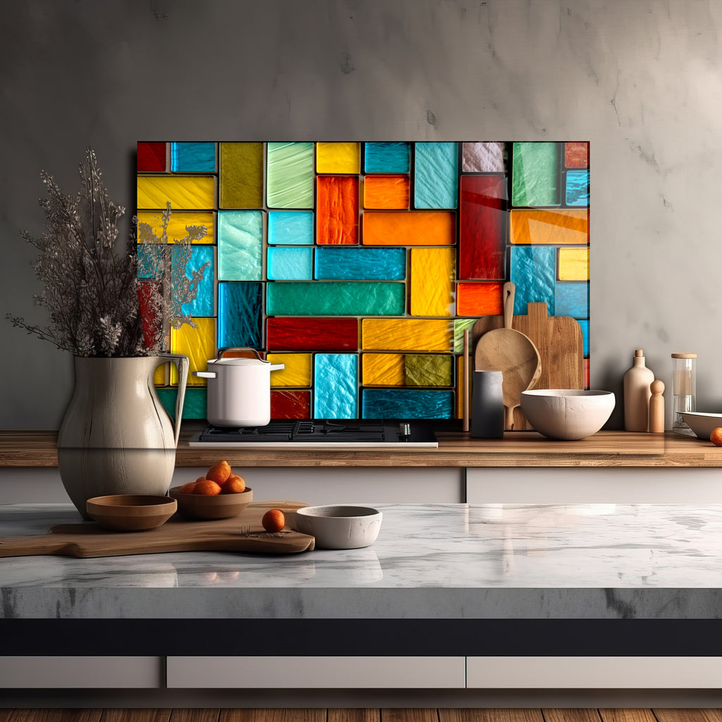 Renkli Vitray Desenli Ocak Arkası Temperli Cam Panel – Modern Mutfak Backsplash Dekoru