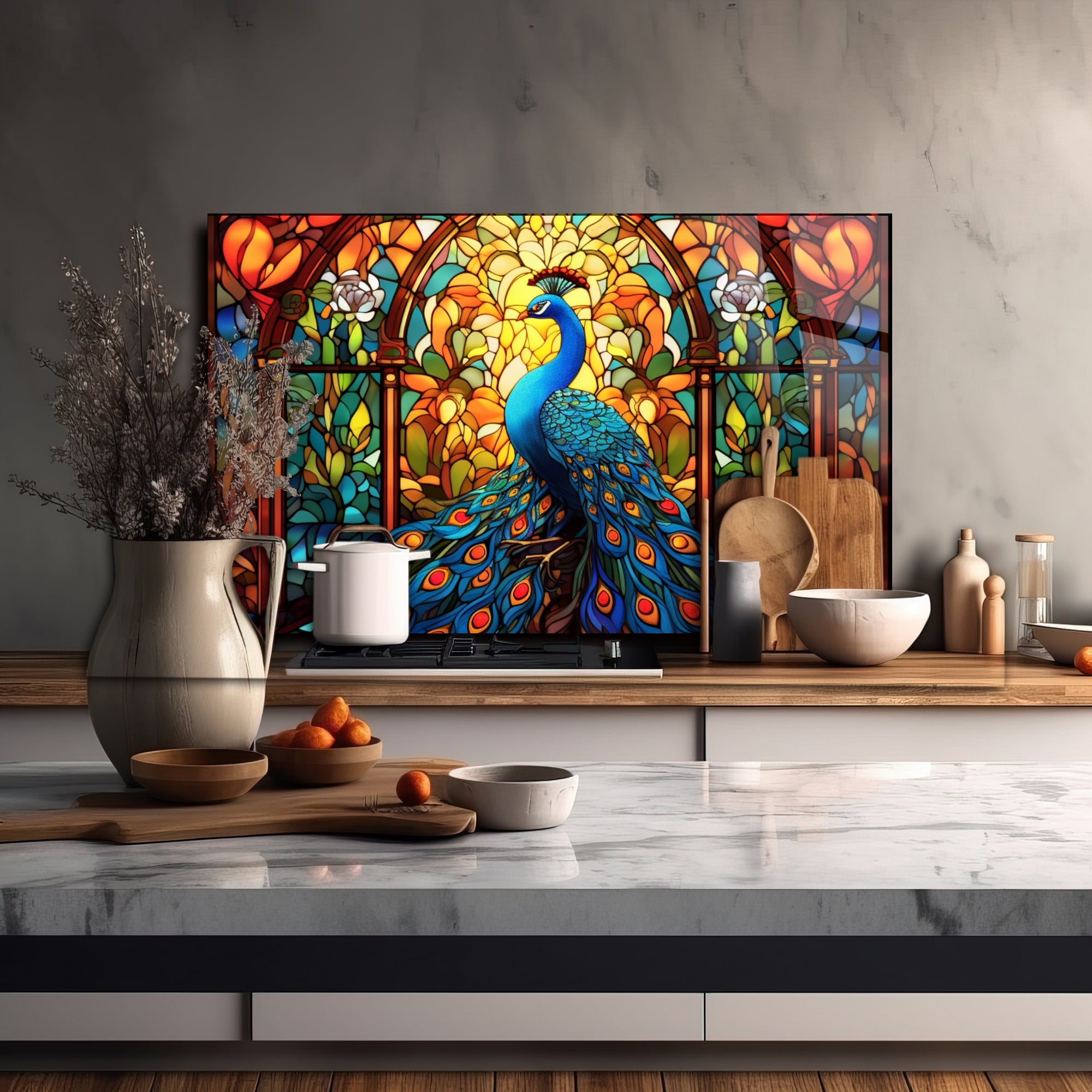 Renkli Ocak Arkası Temperli Cam Panel – Modern Mutfak Backsplash Dekoru