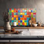 Renkli Ocak Arkası Temperli Cam Panel – Modern Mutfak Backsplash Dekoru