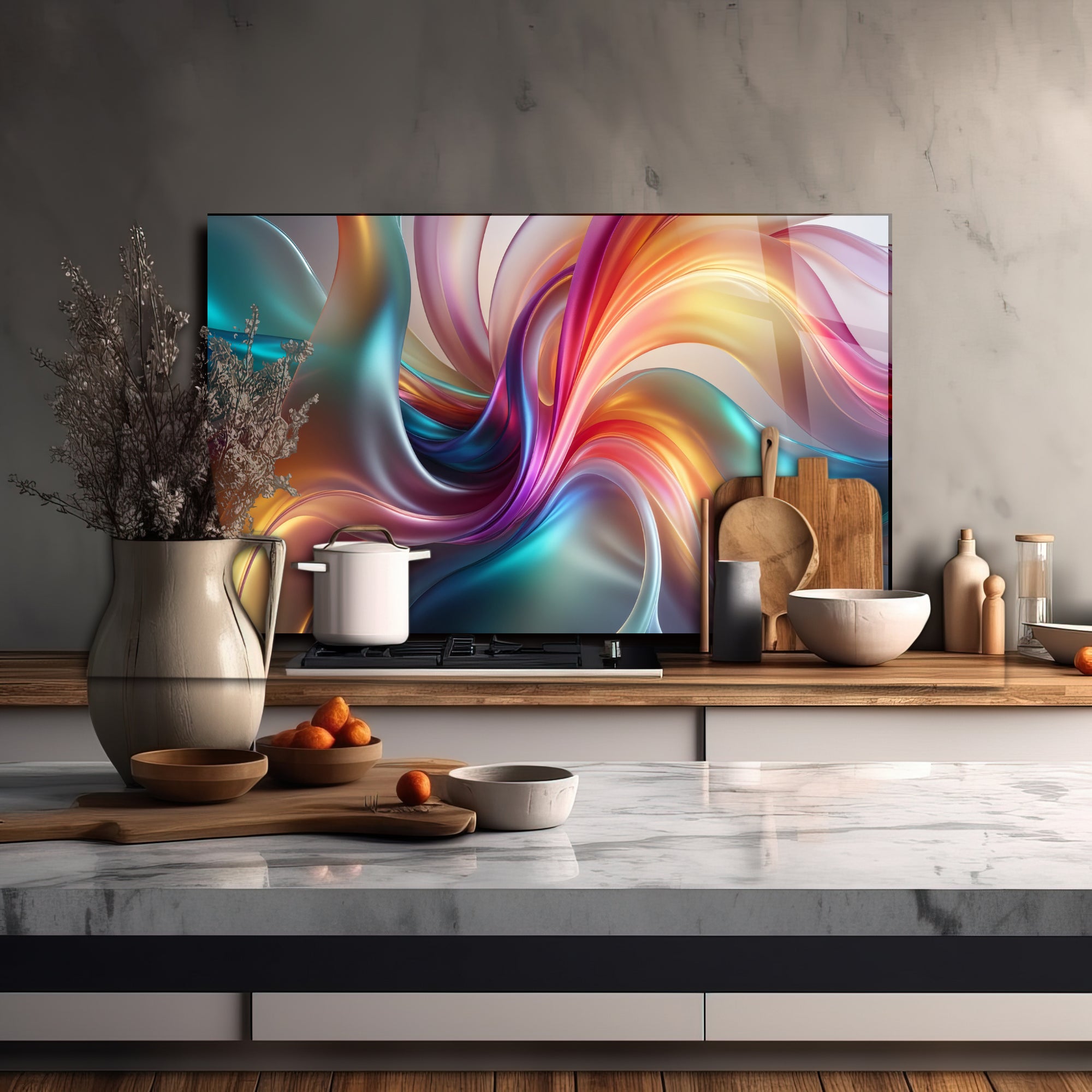 Renkli Ocak Arkası Temperli Cam Panel – Modern Mutfak Backsplash Dekoru