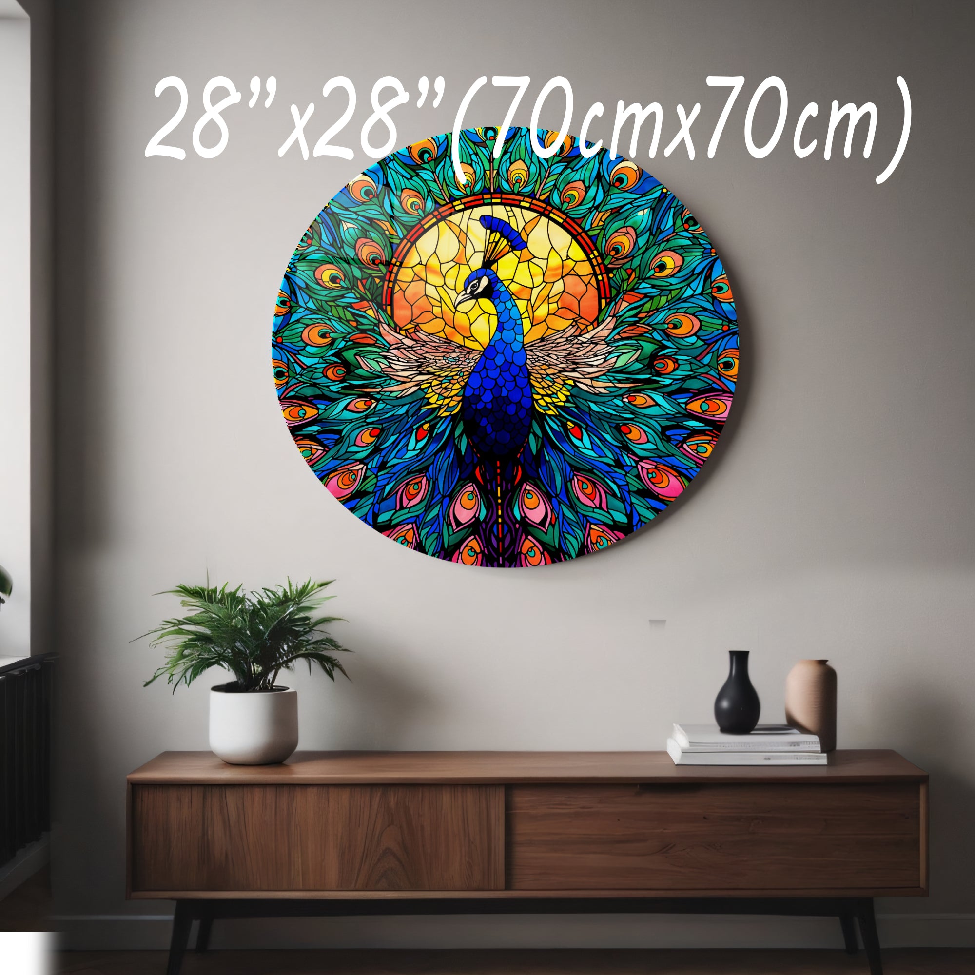 Temperli Cam Duvar Tablo Tavuz Kuşu 70x70 cm Vitray Desen