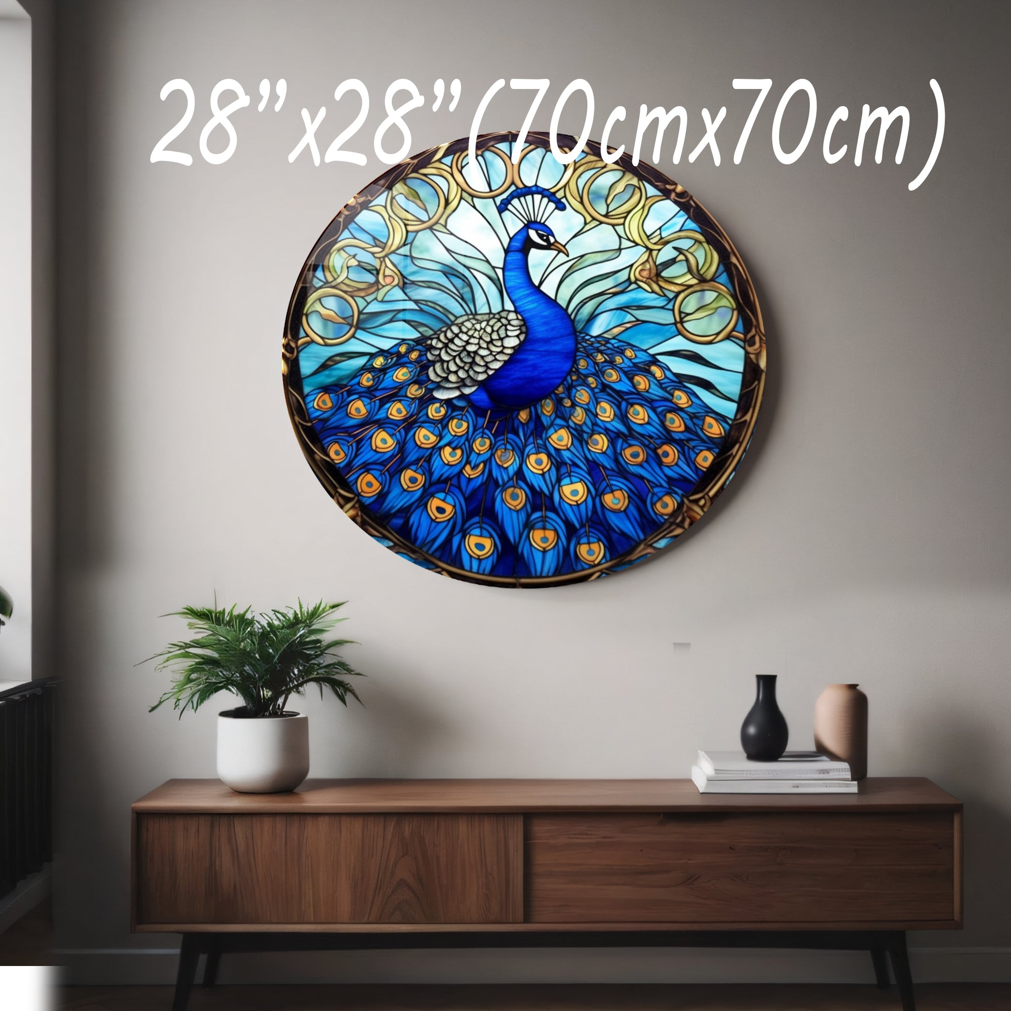 Temperli Cam Duvar Tablo Tavuzkuşu 70x70 cm Vitray Desen