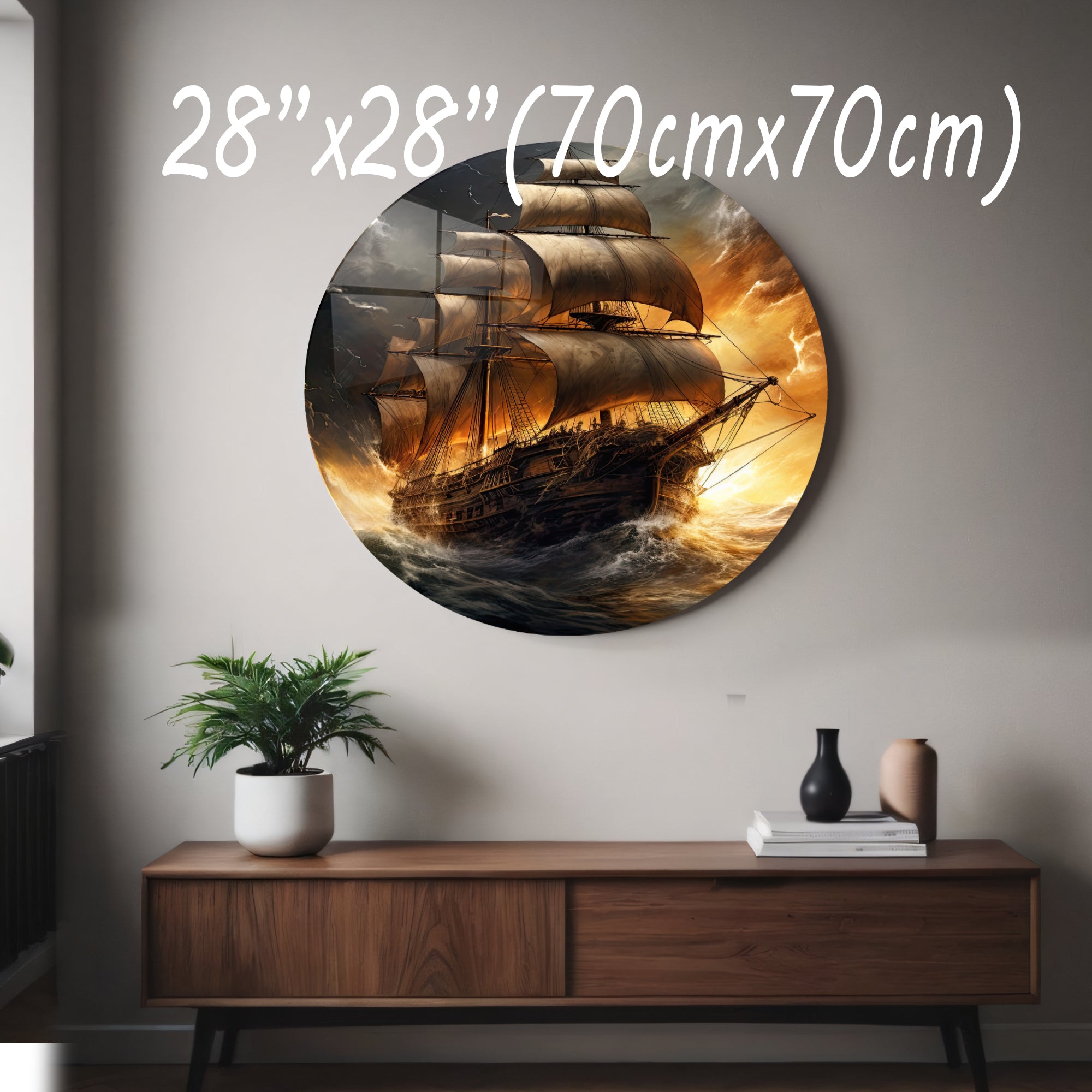 Temperli Cam Duvar Tablo Yelkenli Gemi 70x70 cm