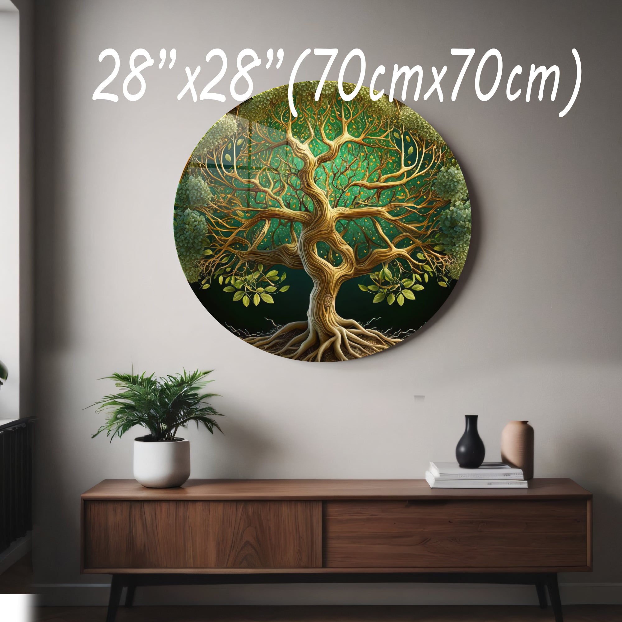 Temperli Cam Duvar Tablo Hayat Ağacı  70x70 cm Altın Yeşil