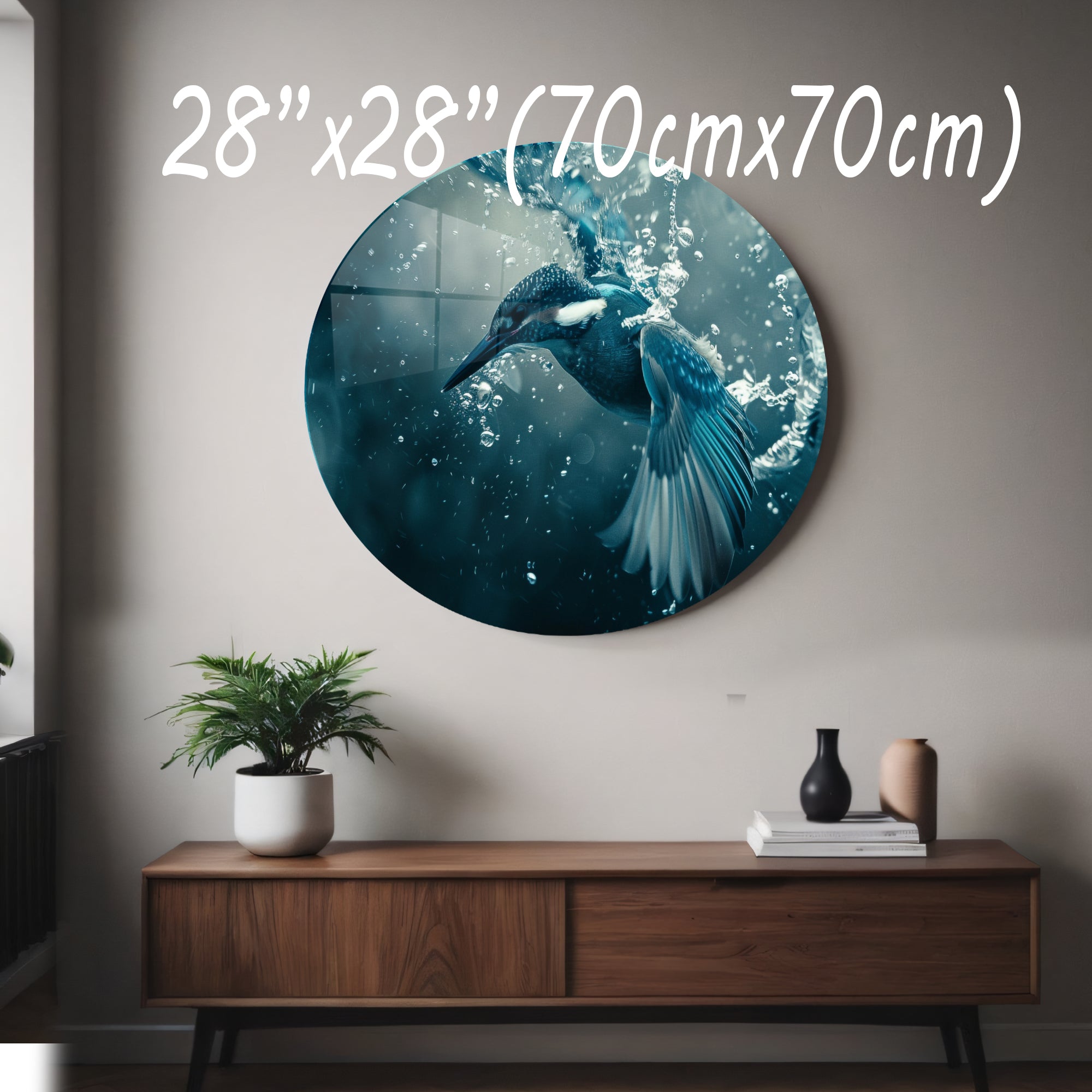 Temperli Cam Duvar Tablo Balıkcıl Kuş  70x70 cm