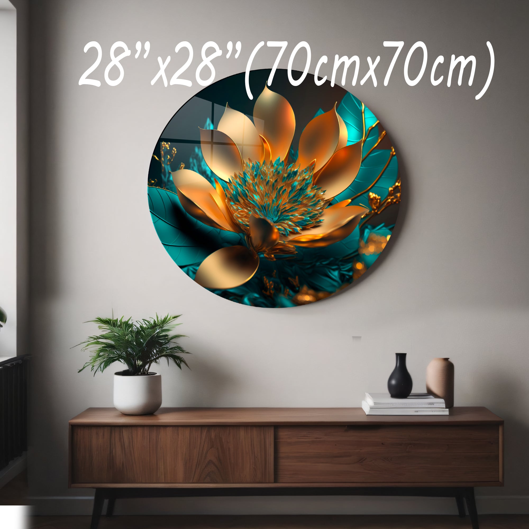 Temperli Cam Duvar Tablo Renkli Altın Lotus  70x70 cm Soyut