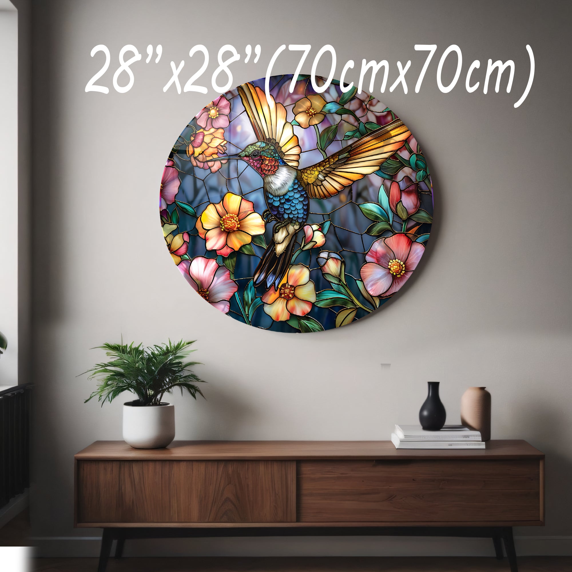 Temperli Cam Duvar Tablo Renkli Arıkuşu  70x70 cm Vitray Desenli