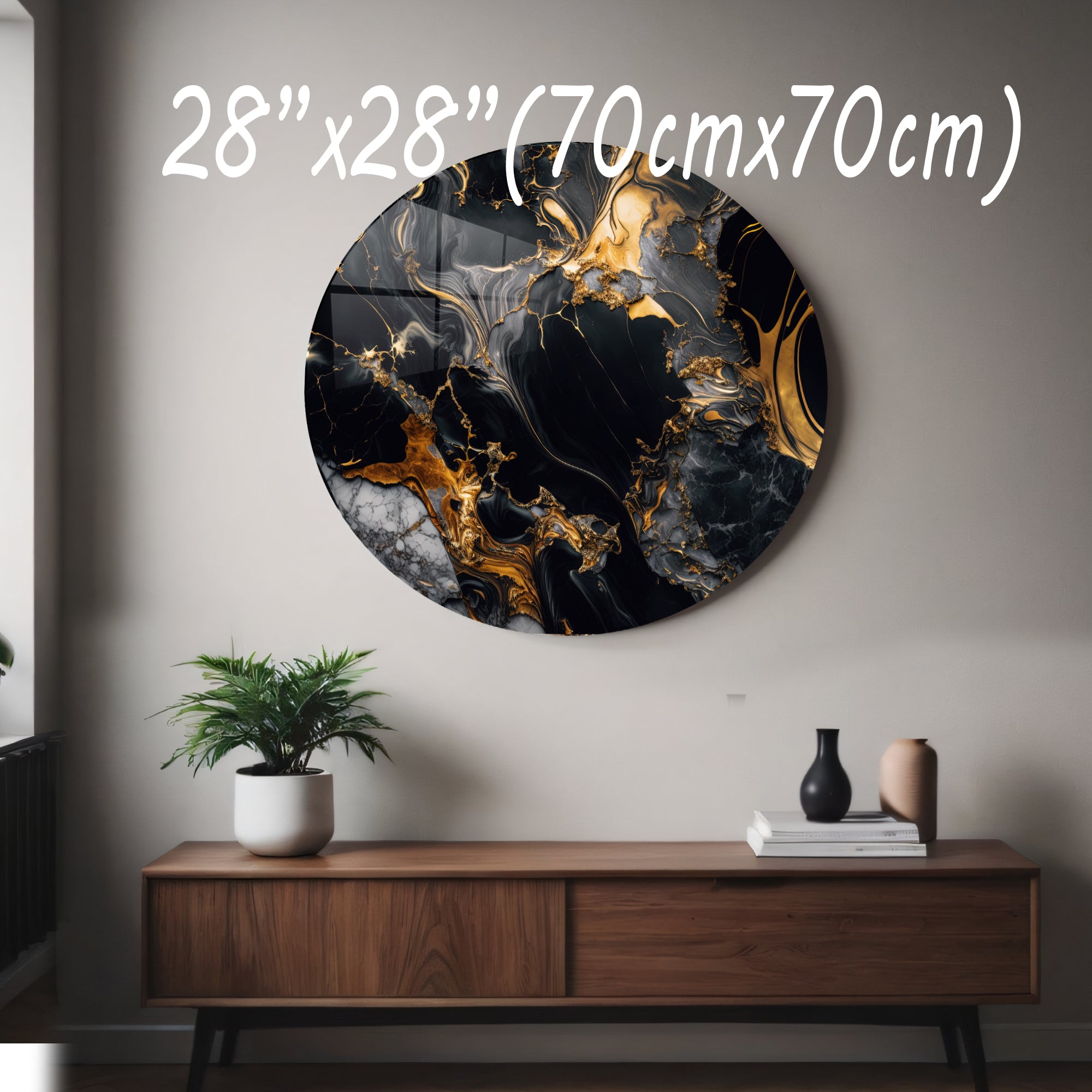 Temperli Cam Duvar Tablo Siyah Altın Mermer  70x70 cm