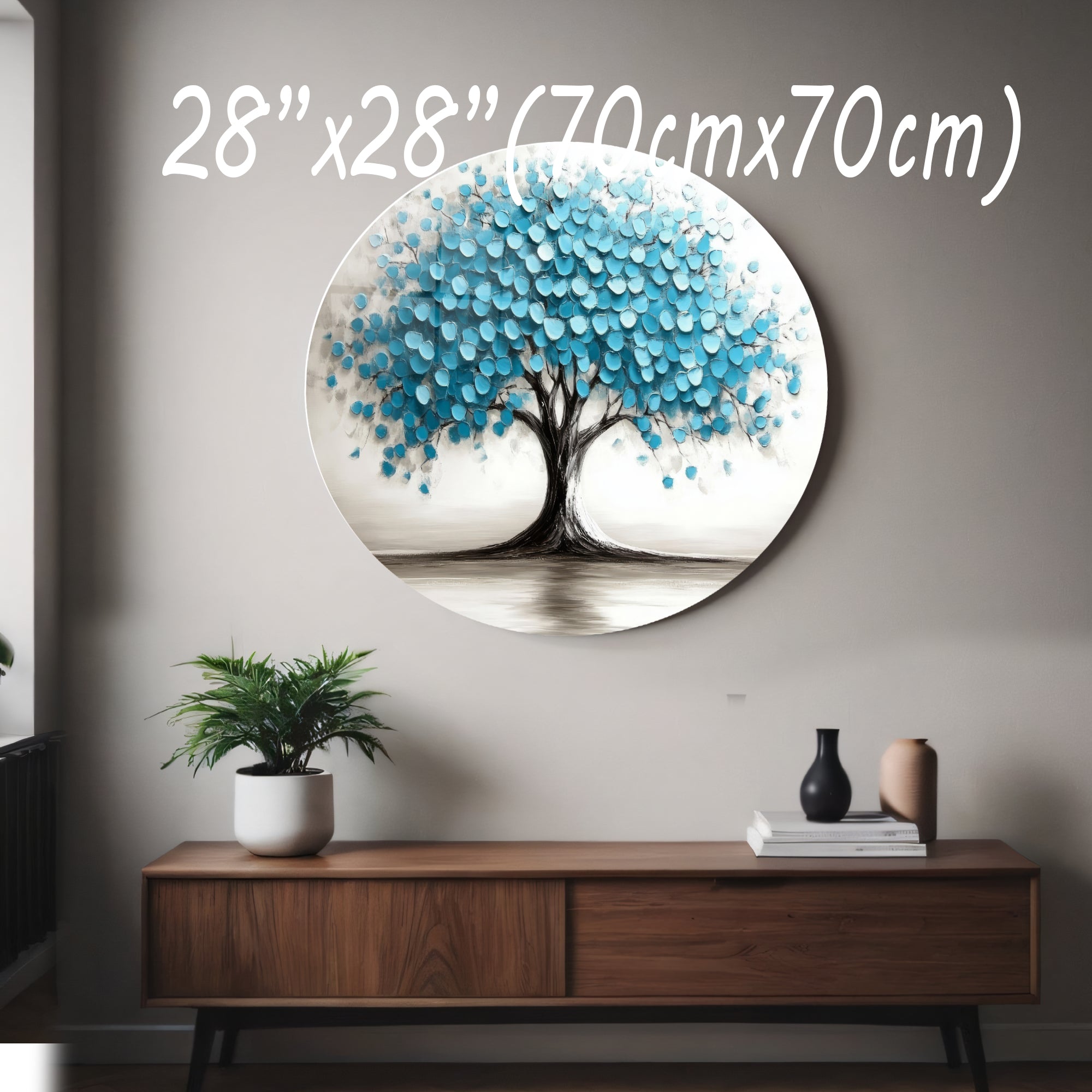 Temperli Cam Duvar Tablo Hayat Ağacı  70x70 cm (Mavi Yapraklı)