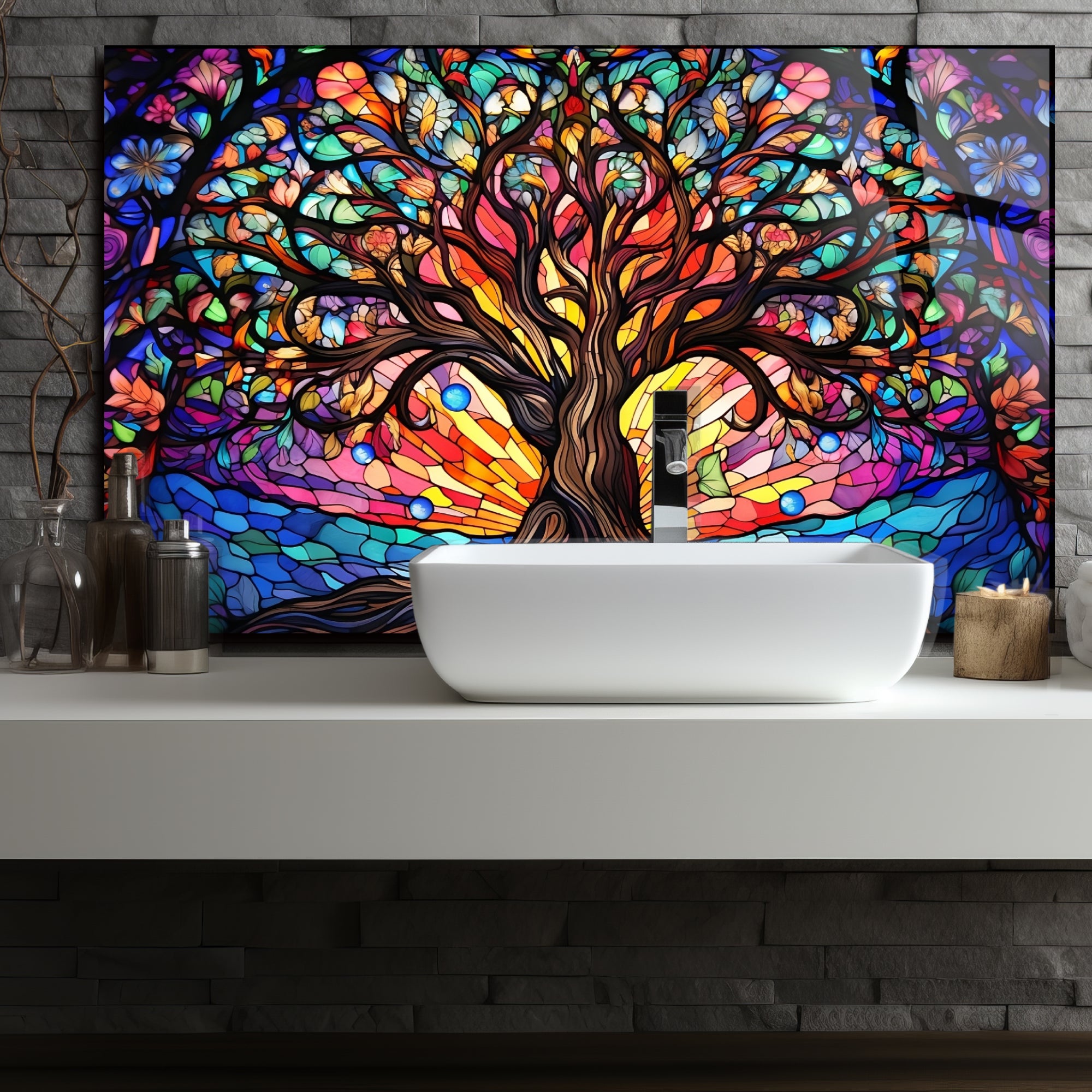 Renkli Ocak Arkası Temperli Cam Panel – Modern Mutfak Backsplash Dekoru