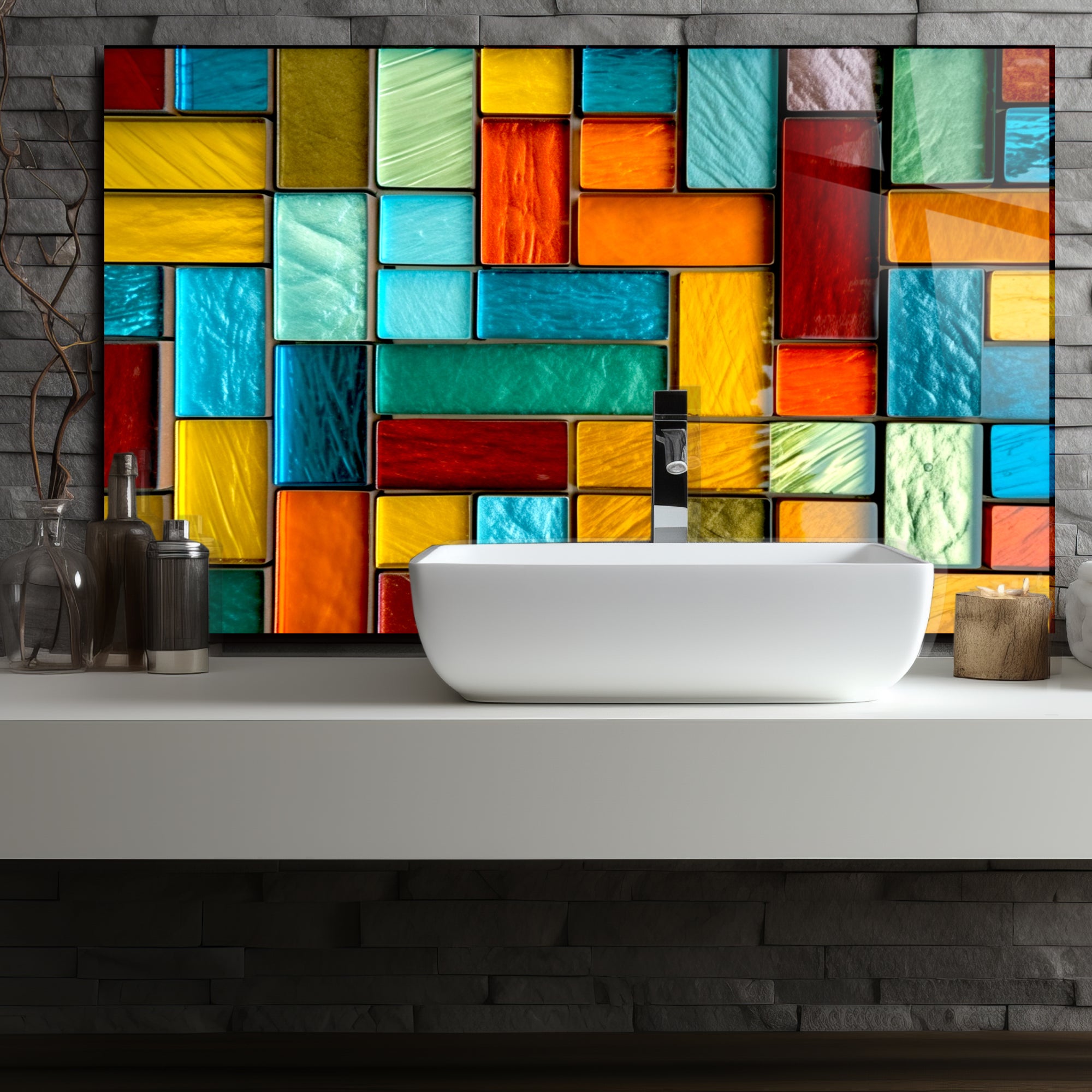 Renkli Vitray Desenli Ocak Arkası Temperli Cam Panel – Modern Mutfak Backsplash Dekoru