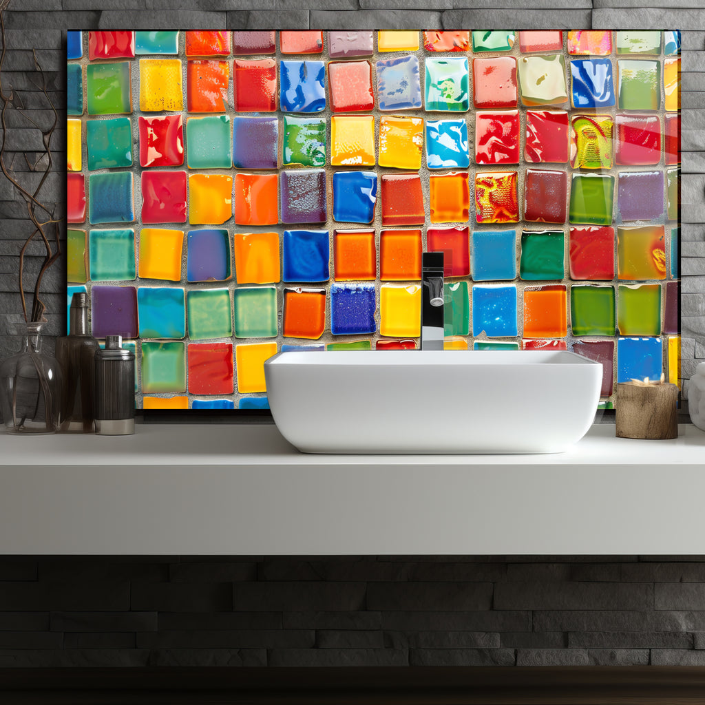 Renkli Ocak Arkası Temperli Cam Panel – Modern Mutfak Backsplash Dekoru