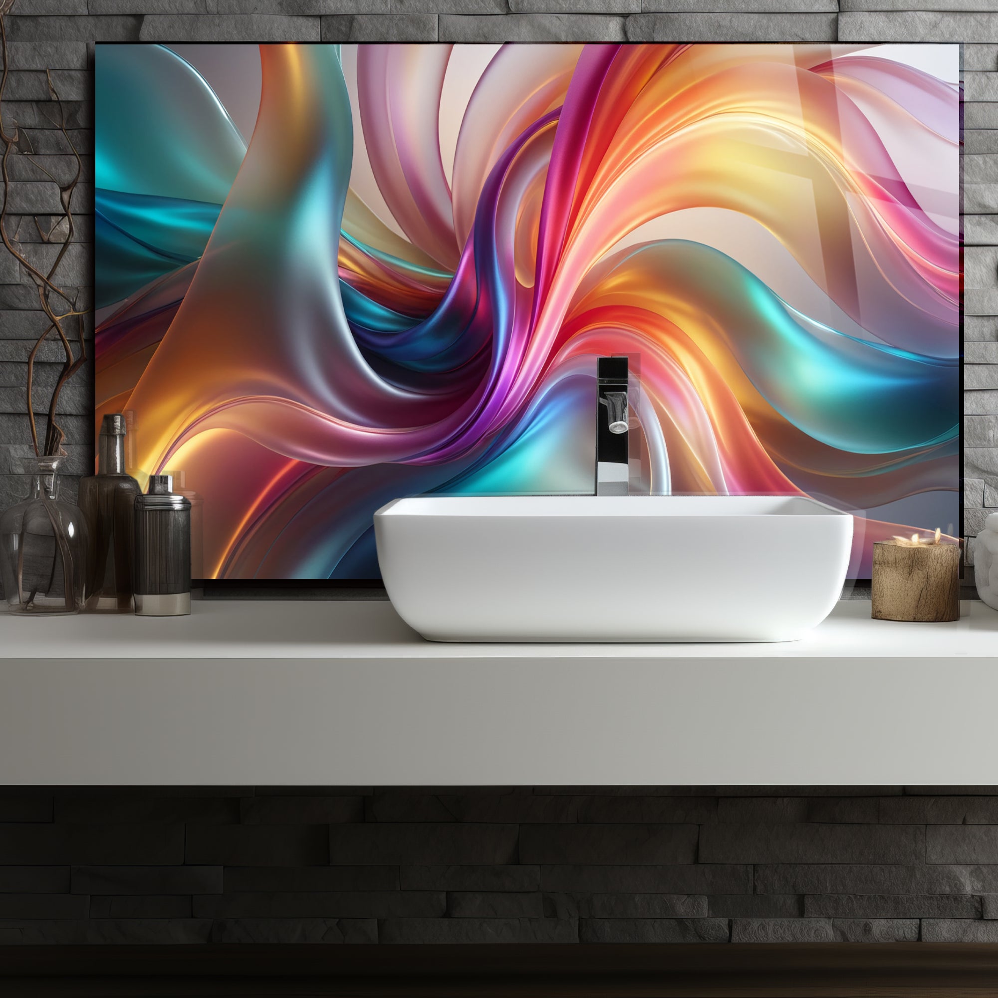 Renkli Ocak Arkası Temperli Cam Panel – Modern Mutfak Backsplash Dekoru