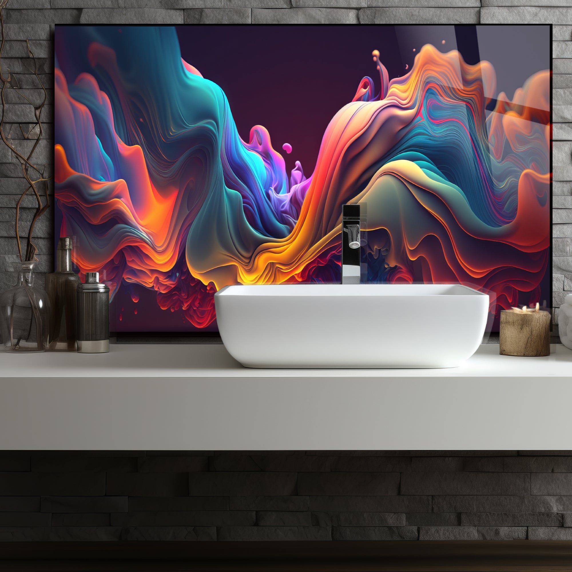 Renkli Ocak Arkası Temperli Cam Panel – Modern Mutfak Backsplash Dekoru