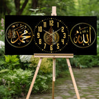 İslami Saatli Temperli Cam Tablo – Allah & Muhammed Yazılı Modern Duvar Saati, Ahşap Dese