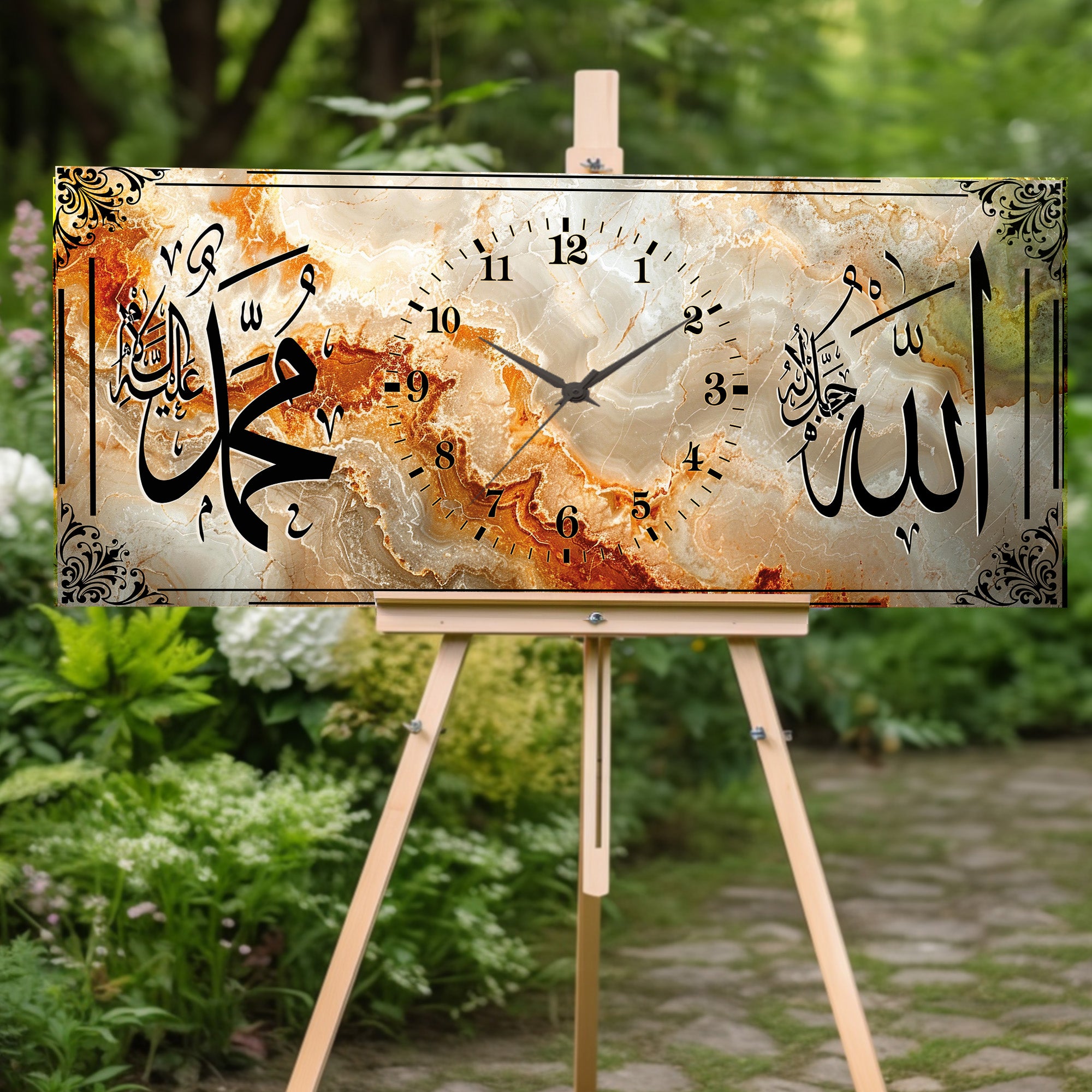 İslami Saatli Temperli Cam Tablo – Allah & Muhammed Yazılı Modern Duvar Saati, Ahşap Desenli Premium UV Baskı
