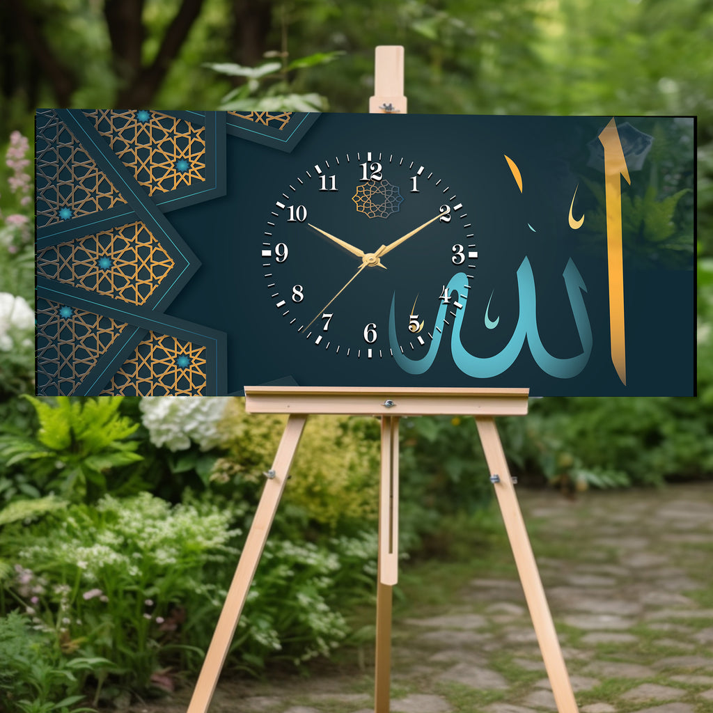İslami Saatli Temperli Cam Tablo – Allah & Muhammed Yazılı Modern Duvar Saati, Ahşap Desenli Premium UV Baskı (Kopya)