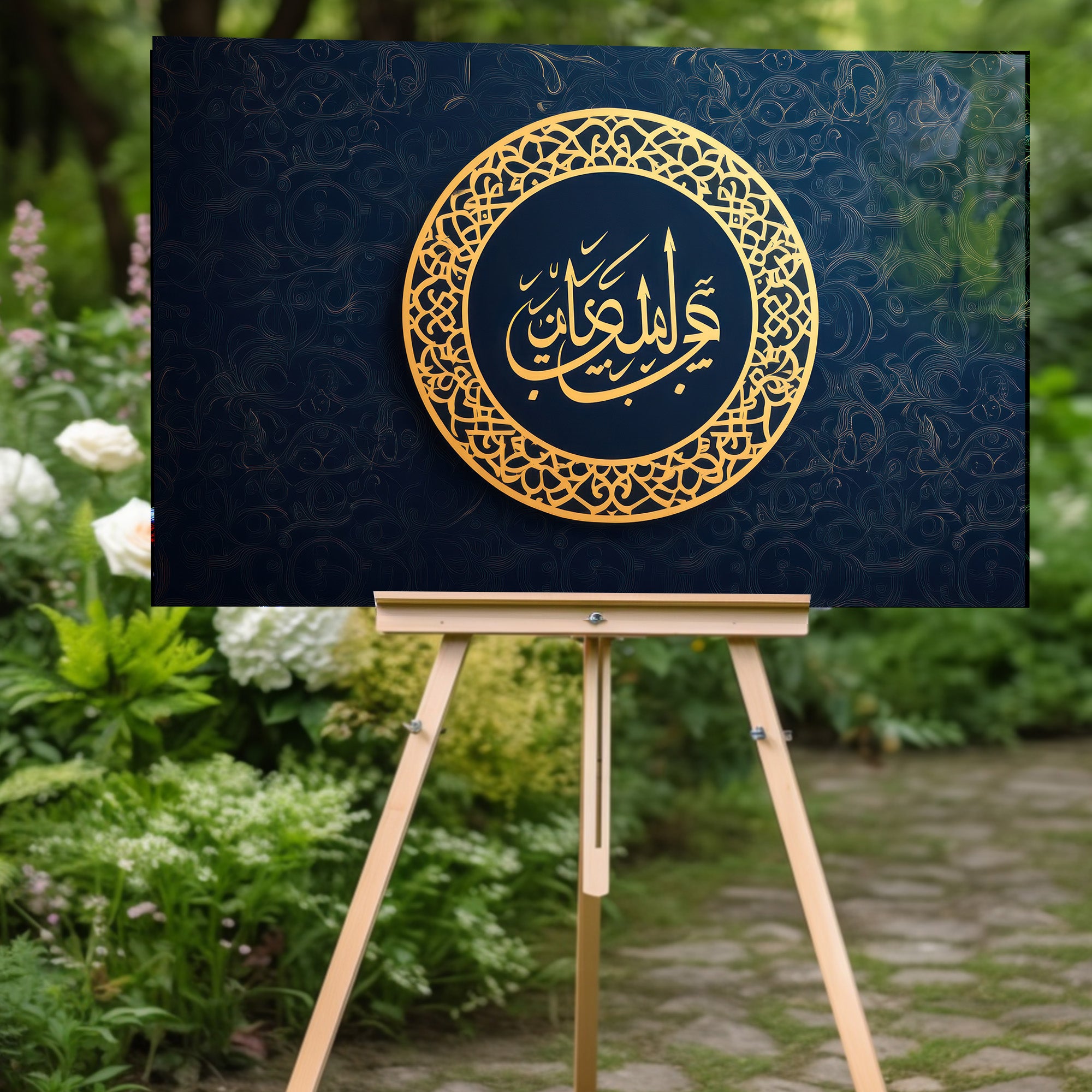 İslami Hat Sanatı Temperli Cam Tablo – “Tahta Akdâmi’l-Ummihât” (Cennet Annelerin Ayakları Altındadır) Lacivert & Altın Modern Dini Dekor, Premium UV Baskı