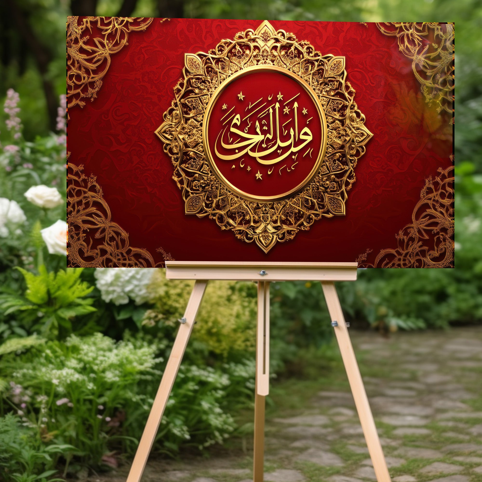 İslami Hat Sanatı Temperli Cam Tablo – Kırmızı & Altın Modern Dini Dekor, Premium UV Baskı