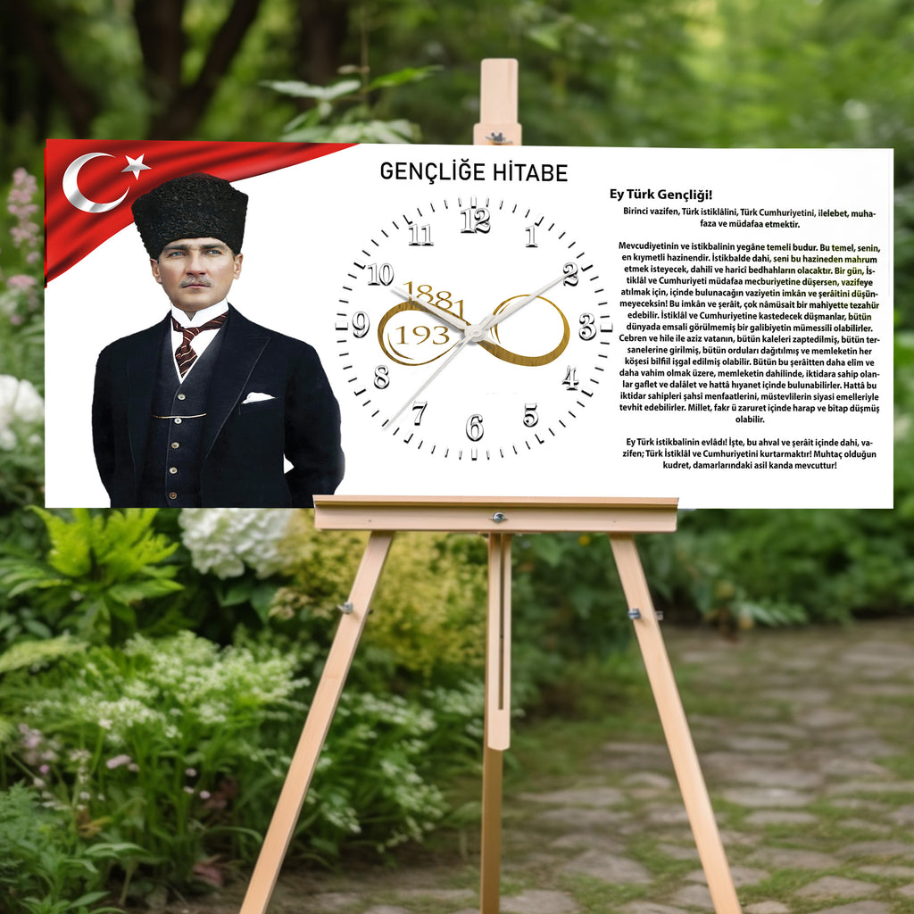Gençliğe Hitabe Temalı Cam Duvar Saati  –Atatürk Portresi Ve Gençliğe Hitabe Tasarım, Premium UV Baskı Duvar Saati
