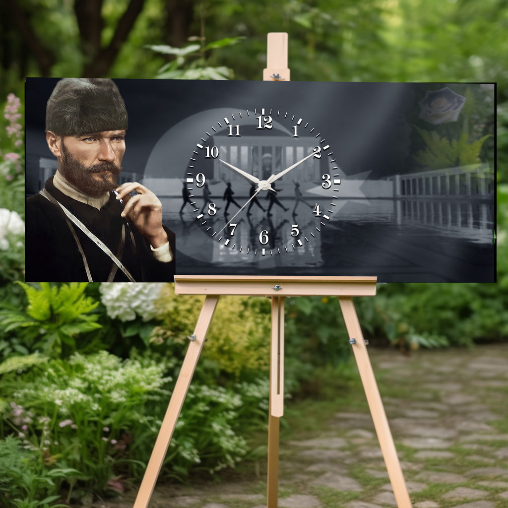 Anıtkabir Temalı Temperli Cam Saat –Atatürk Portresi  Tasarım, Premium UV Baskı Duvar Saati