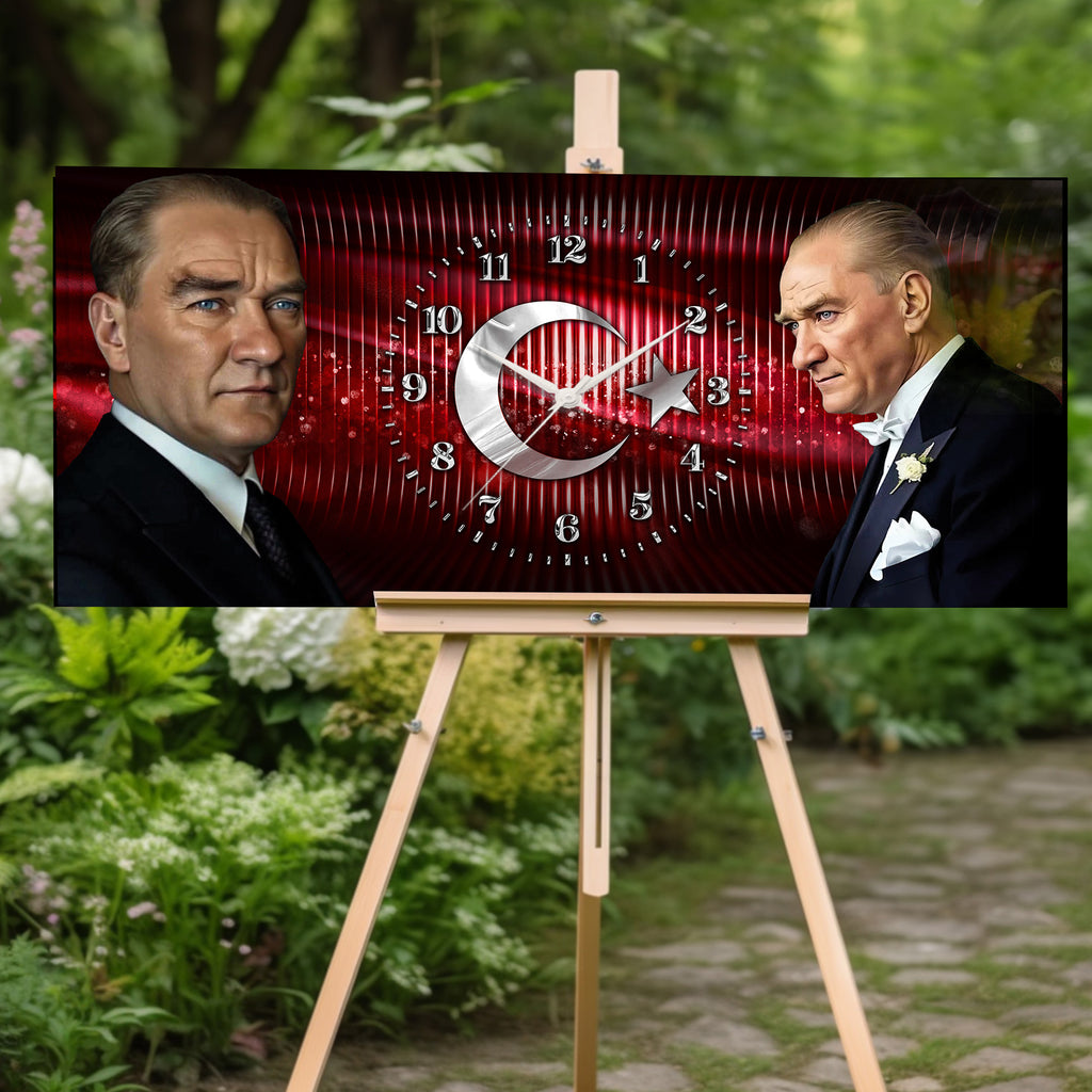 Kırmızı Türk Bayraklı Saatli Temperli Cam Saat –Atatürk Portresi  Tasarım, Premium UV Baskı Duvar Saati (Kopya) (Kopya) (Kopya)