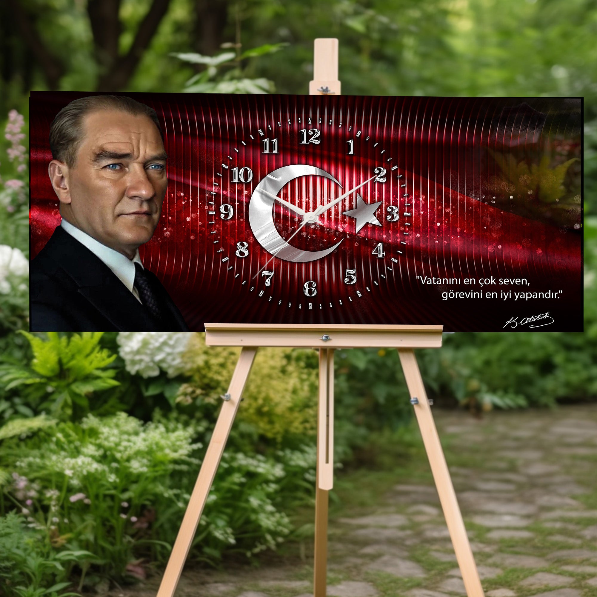 Kırmızı Türk Bayraklı Saatli Temperli Cam Saat –Atatürk Portresi  Tasarım, Premium UV Baskı Duvar Saati