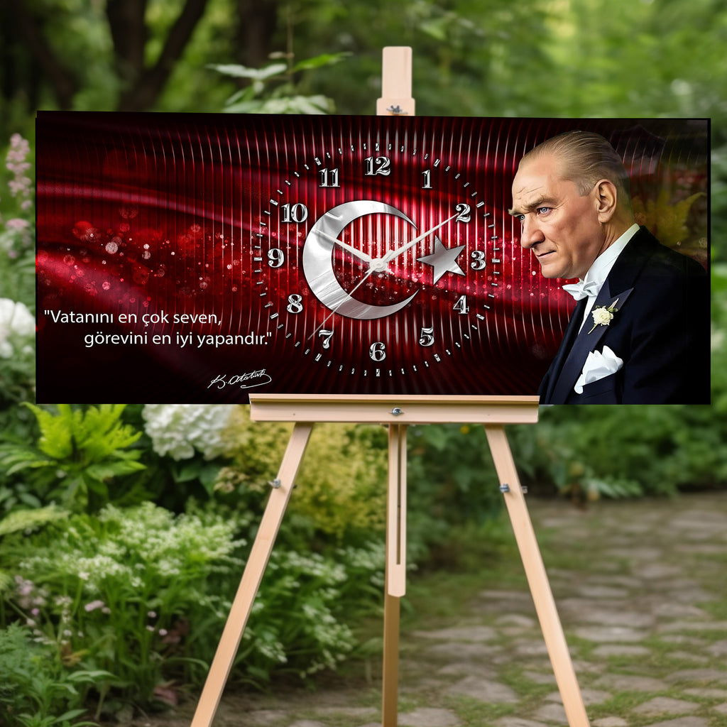 Kırmızı Türk Bayraklı Saatli Temperli Cam Saat –Atatürk Portresi  Tasarım, Premium UV Baskı Duvar Saati (Kopya) (Kopya) (Kopya)