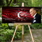 Kırmızı Türk Bayraklı Saatli Temperli Cam Saat –Atatürk Portresi  Tasarım, Premium UV Baskı Duvar Saati (Kopya) (Kopya) (Kopya)