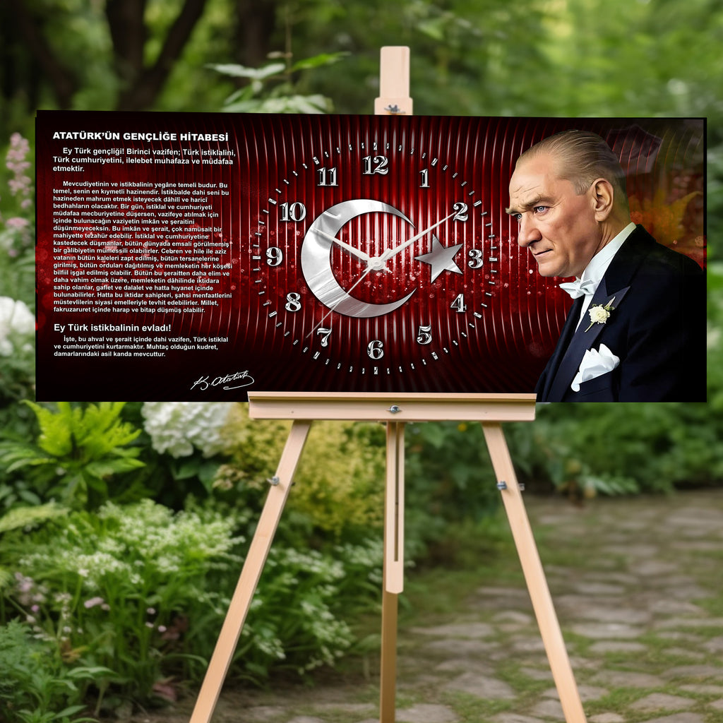 Kırmızı Türk Bayraklı Saatli Temperli Cam Tablo –Atatürk Portresi Ve Gençliğe Hitabe Tasarım, Premium UV Baskı Duvar Saati (Kopya) (Kopya)