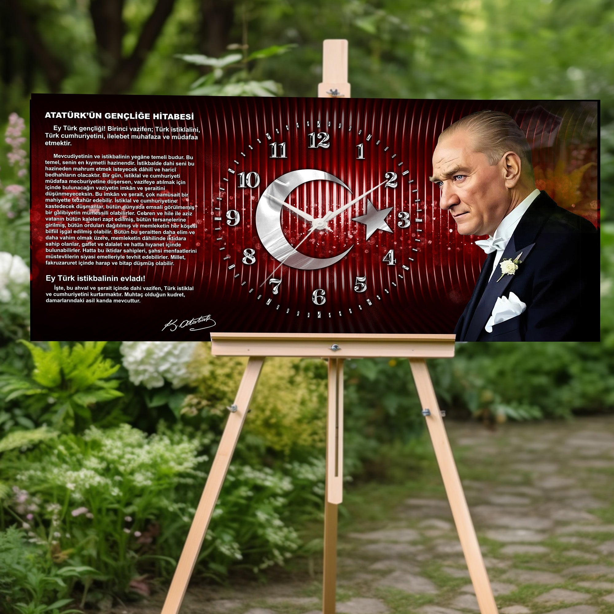 Kırmızı Türk Bayraklı Saatli Temperli Cam Tablo –Atatürk Portresi Ve Gençliğe Hitabe Tasarım, Premium UV Baskı Duvar Saati (Kopya) (Kopya)