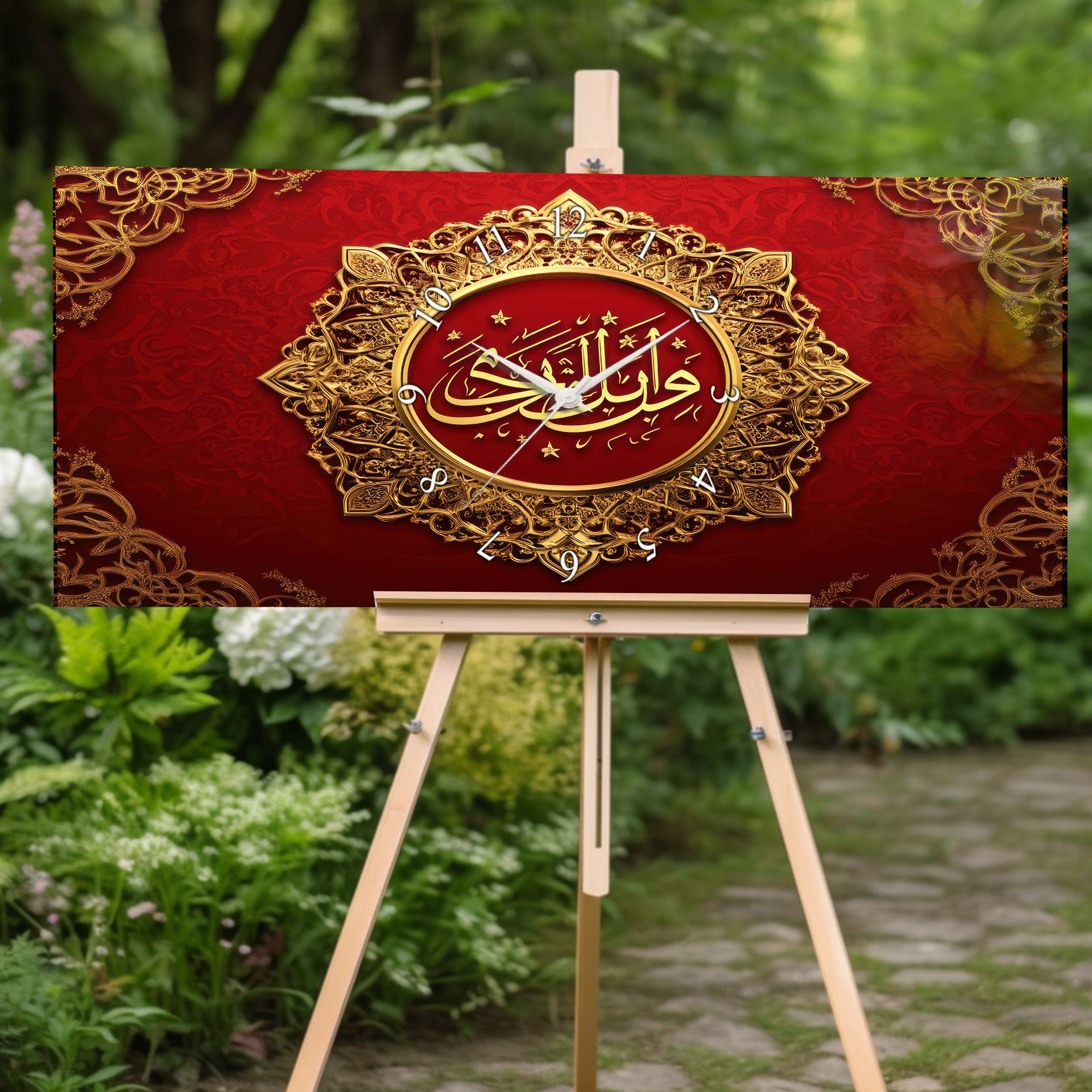 Temperlenmiş Cam İslami Duvar Saati – “Ve Mâ Tevfîkî İllâ Billâh” Hat Sanatı, Kırmızı Altın Zarif Dekor