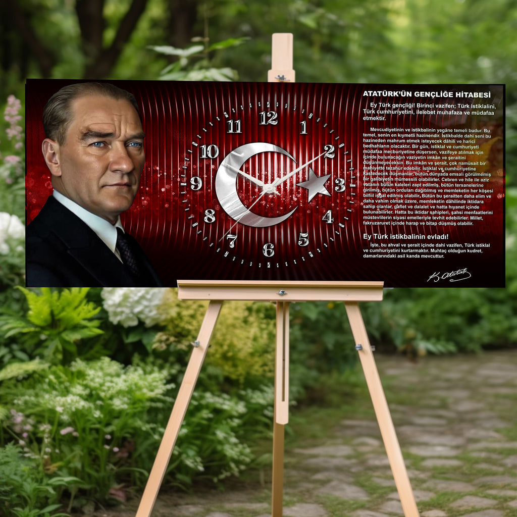 Kırmızı Türk Bayraklı Saatli Temperli Cam Tablo –Atatürk Portresi Ve Gençliğe Hitabe Tasarım, Premium UV Baskı Duvar Saati (Kopya)