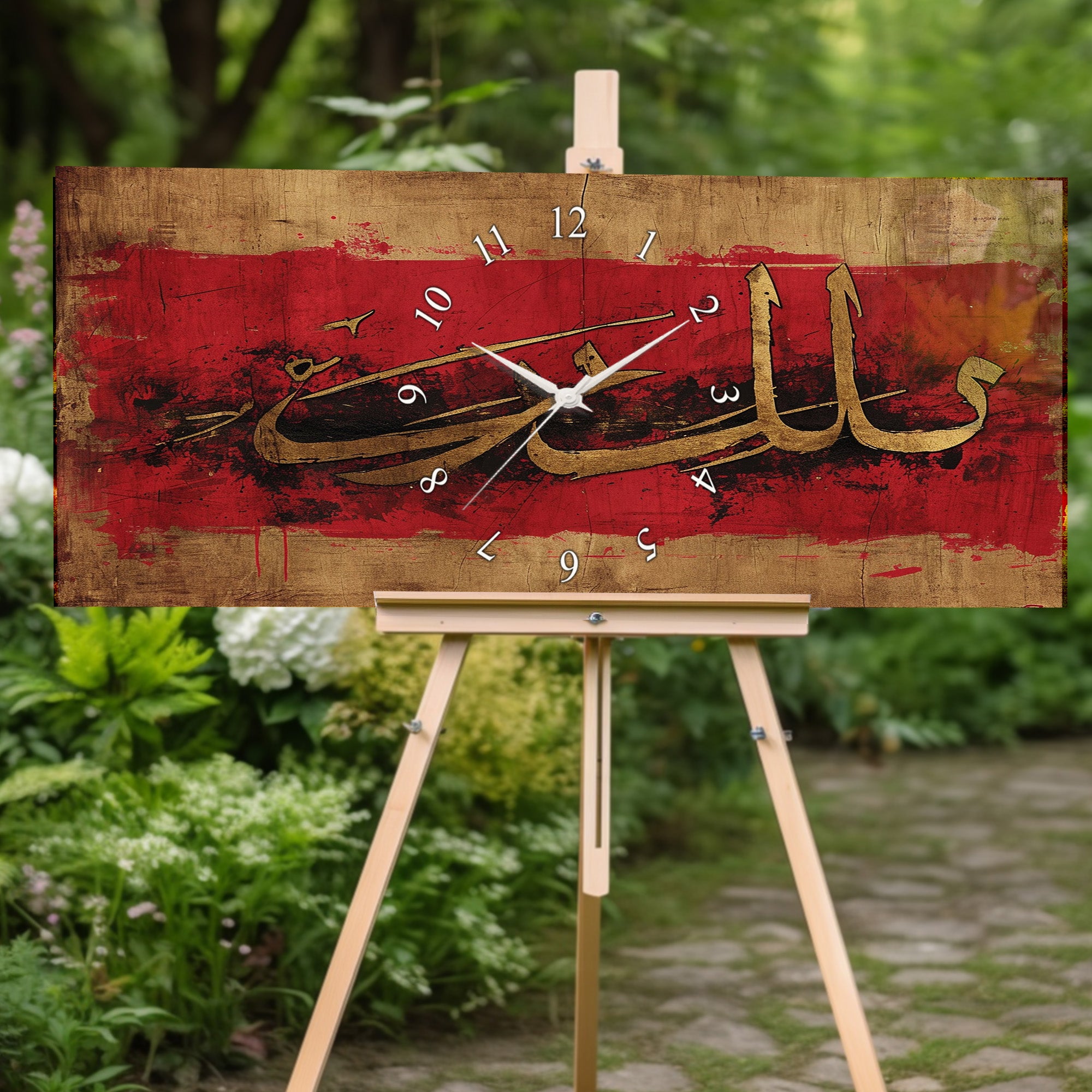 Temperlenmiş Cam İslami Duvar Saati – “Sabır” Hat Sanatı, Kırmızı Altın Modern Dekor