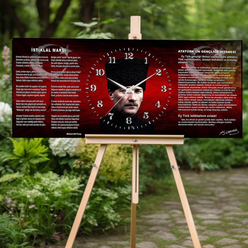 Kırmızı Türk Bayraklı Saatli Temperli Cam Tablo –İstiklal marşe ve Gençliğe Hitabe Atatürk Portre Tasarım, Premium UV Baskı Duvar Saati