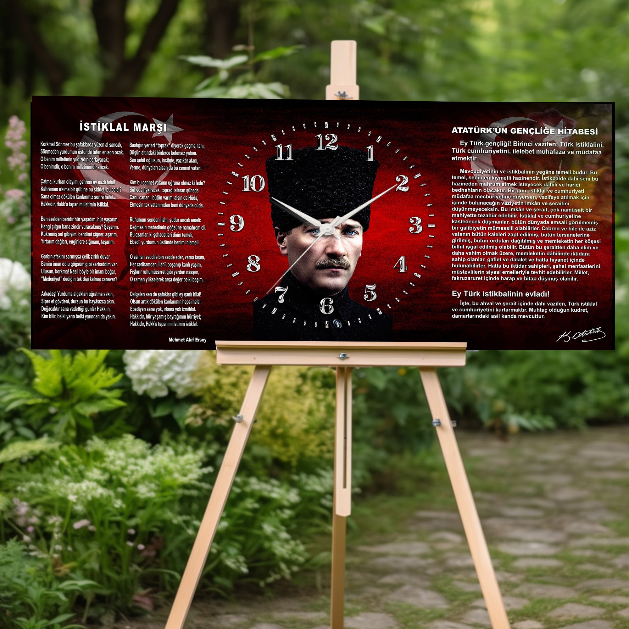 Kırmızı Türk Bayraklı Saatli Temperli Cam Tablo –İstiklal marşe ve Gençliğe Hitabe Atatürk Portre Tasarım, Premium UV Baskı Duvar Saati