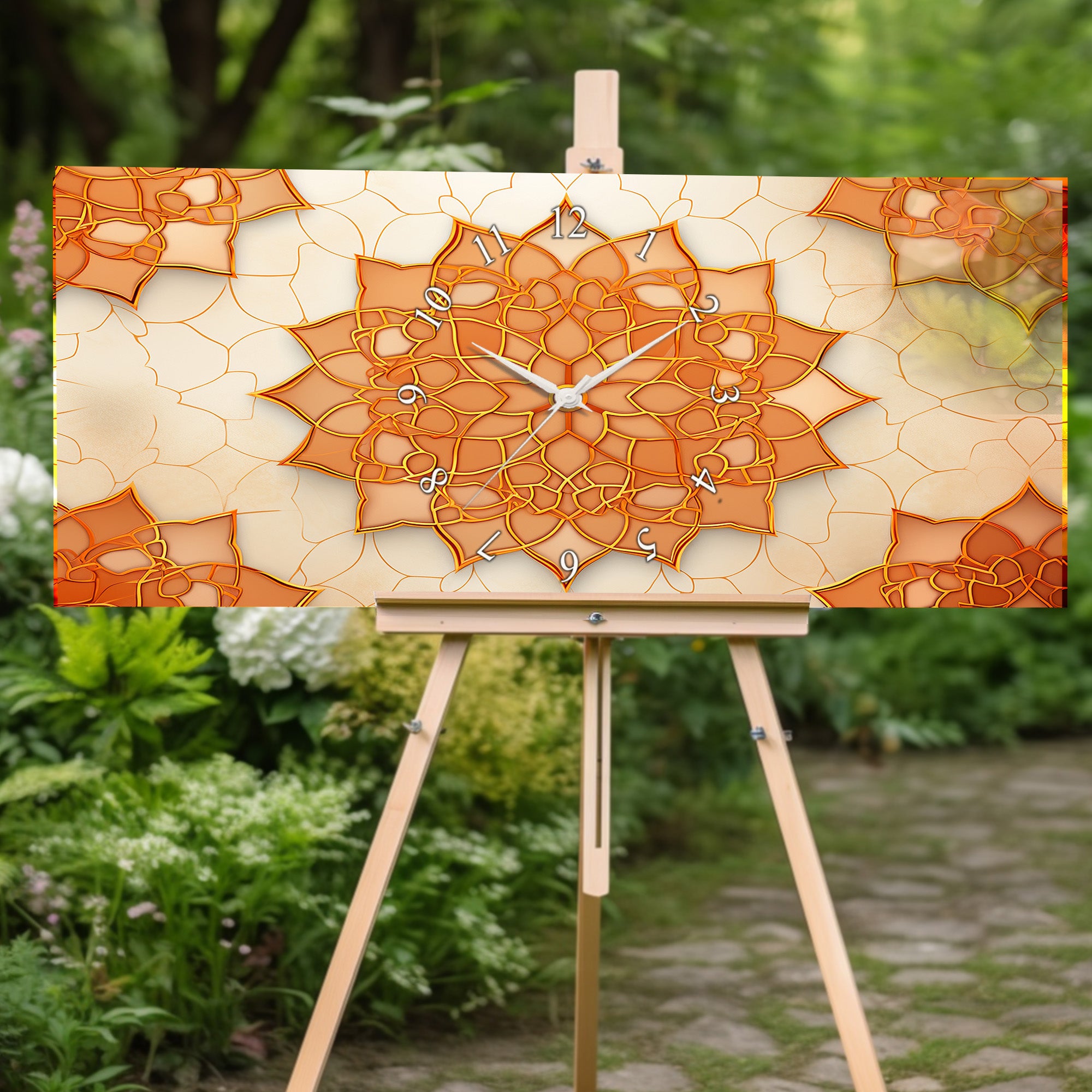 Temperli Cam İslami Duvar Saati –İslami Geometrik Desen, Turuncu Mandala Motifli Modern Deko