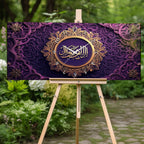 Temperli Cam İslami Duvar Saati – Allahu’l-Ahad Hat Sanatı, Mor Altın İslami Dekor