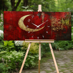 Temperli Cam İslami Duvar Saati – Ayetel Kürsi” Elhamdülillahi Rabbil Âlemin Hat Sanatı, Kırmızı Altın Türk Bayrağı Tasarımı