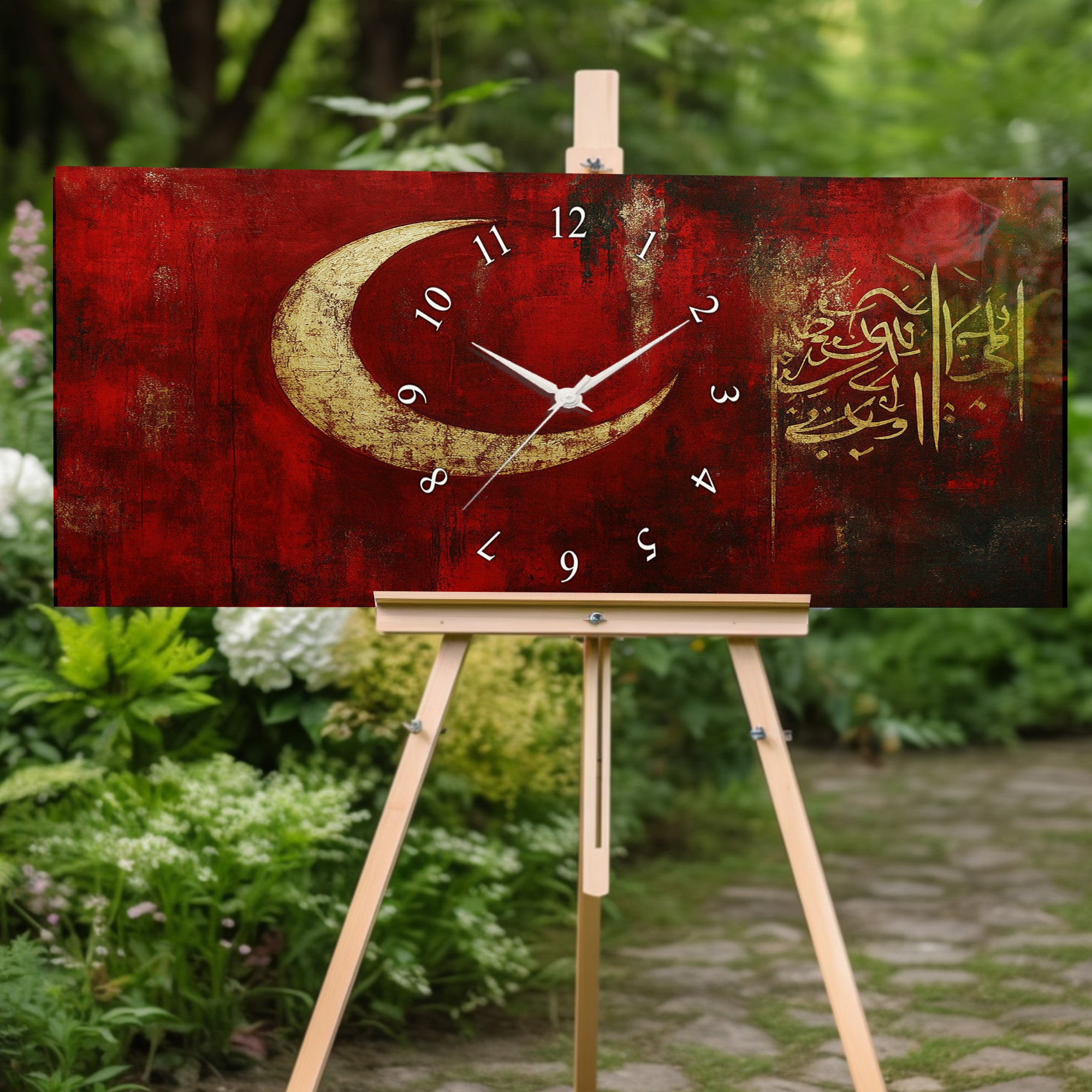 Temperli Cam İslami Duvar Saati – Ayetel Kürsi” Elhamdülillahi Rabbil Âlemin Hat Sanatı, Kırmızı Altın Türk Bayrağı Tasarımı