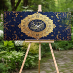 Temperli Cam İslami Duvar Saati – Ayetel Kürsi” Altın Hat Sanatı, Lacivert İslami Dekor