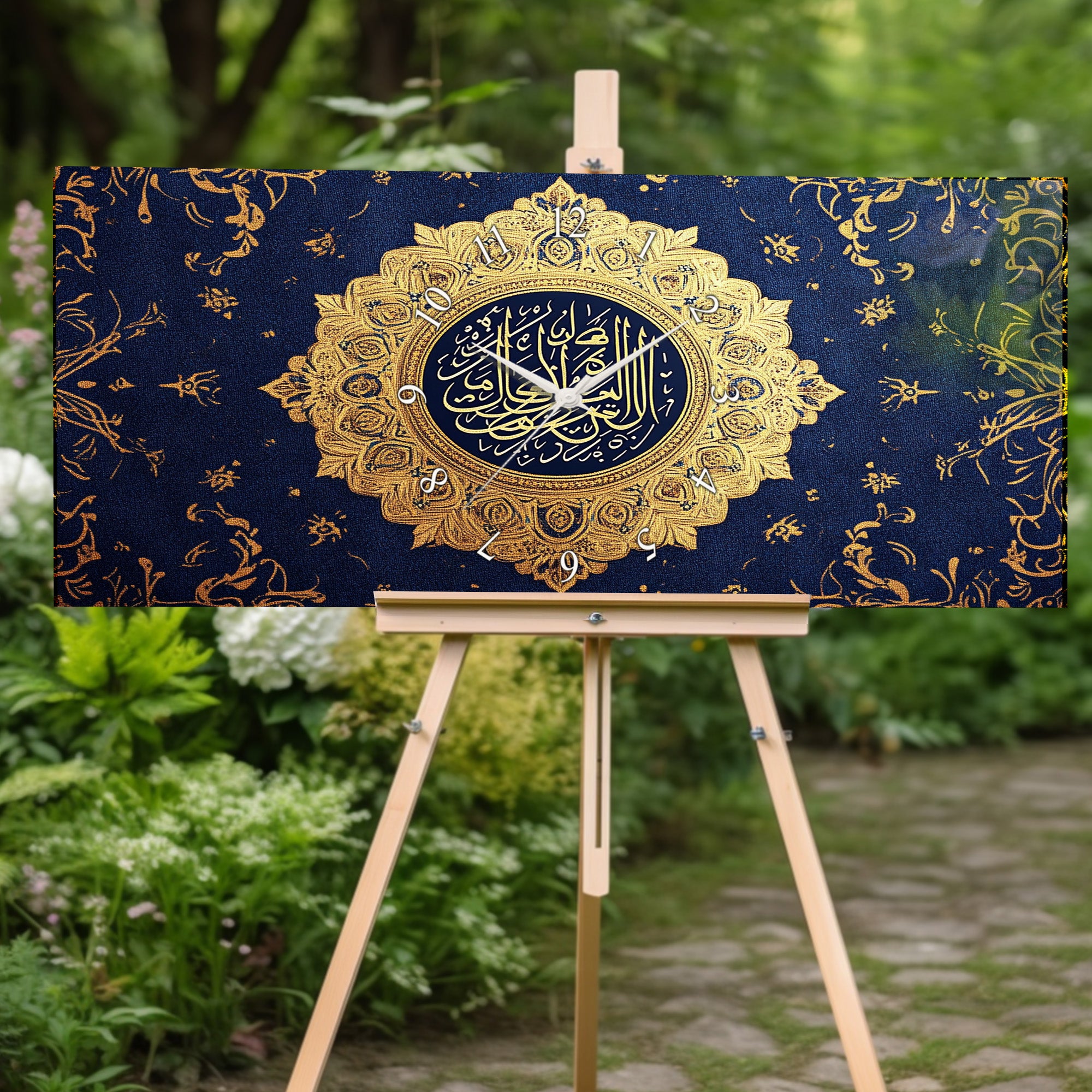 Temperli Cam İslami Duvar Saati – Ayetel Kürsi” Altın Hat Sanatı, Lacivert İslami Dekor