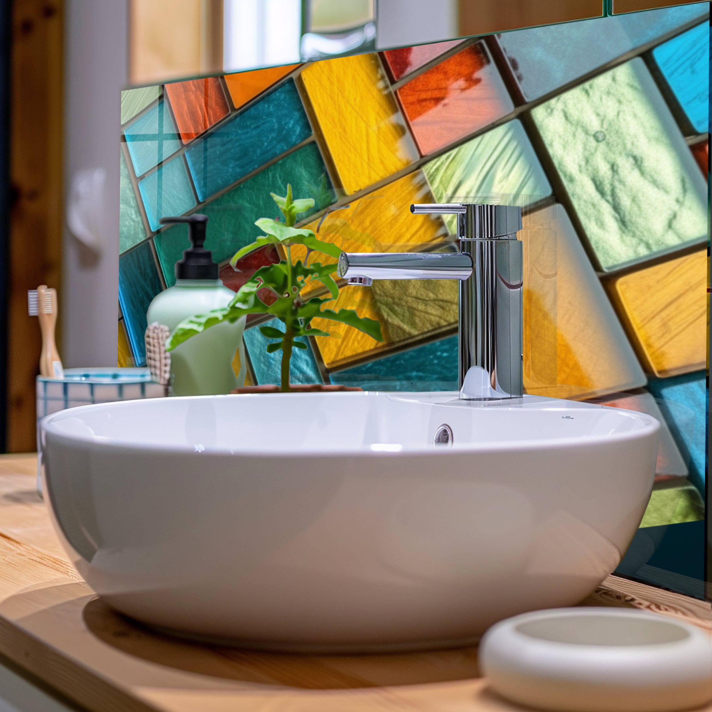 Diagonal Dörtgenler Vitray Görünümlü Temperli Cam Tablo – Renkli Doğa Duvar Dekoru