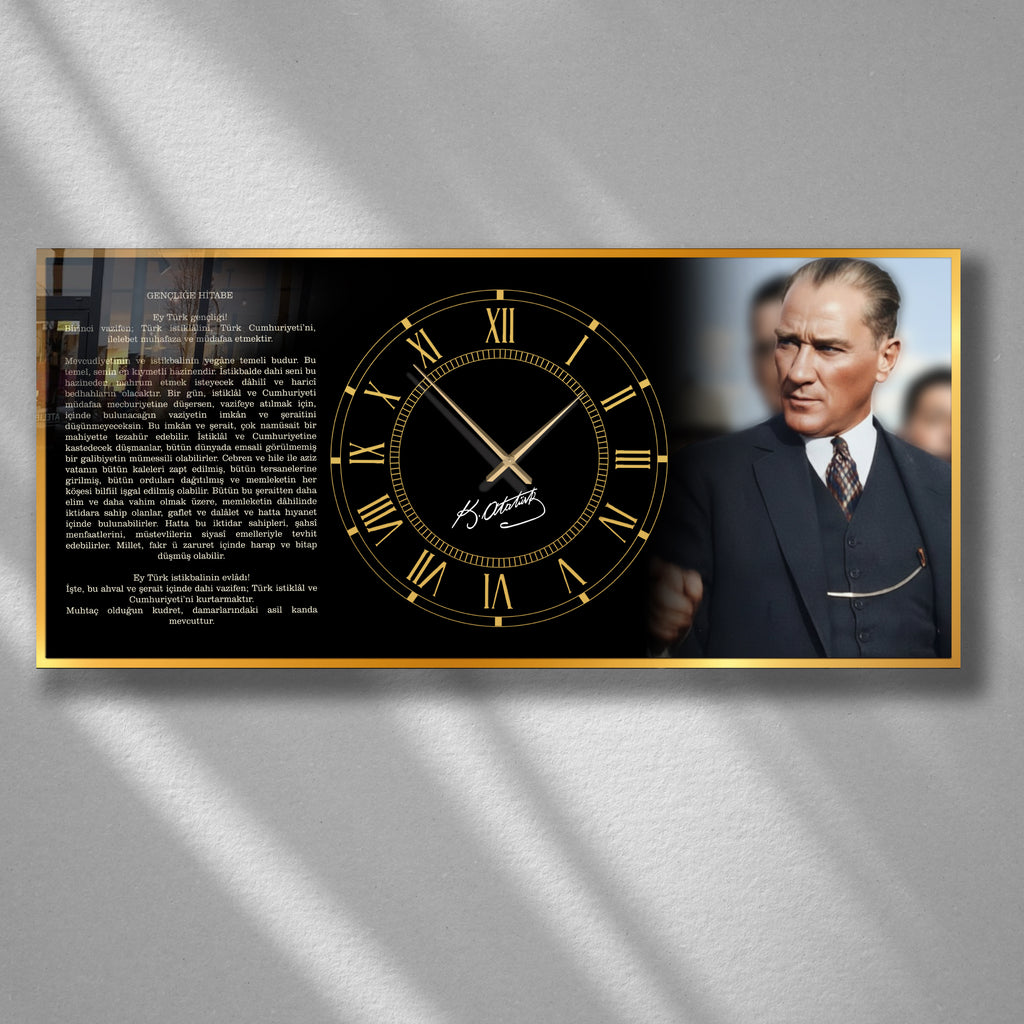 Temperli Cam Saat Atatürk Portresi Tasarım, Premium UV Baskı Duvar Saati