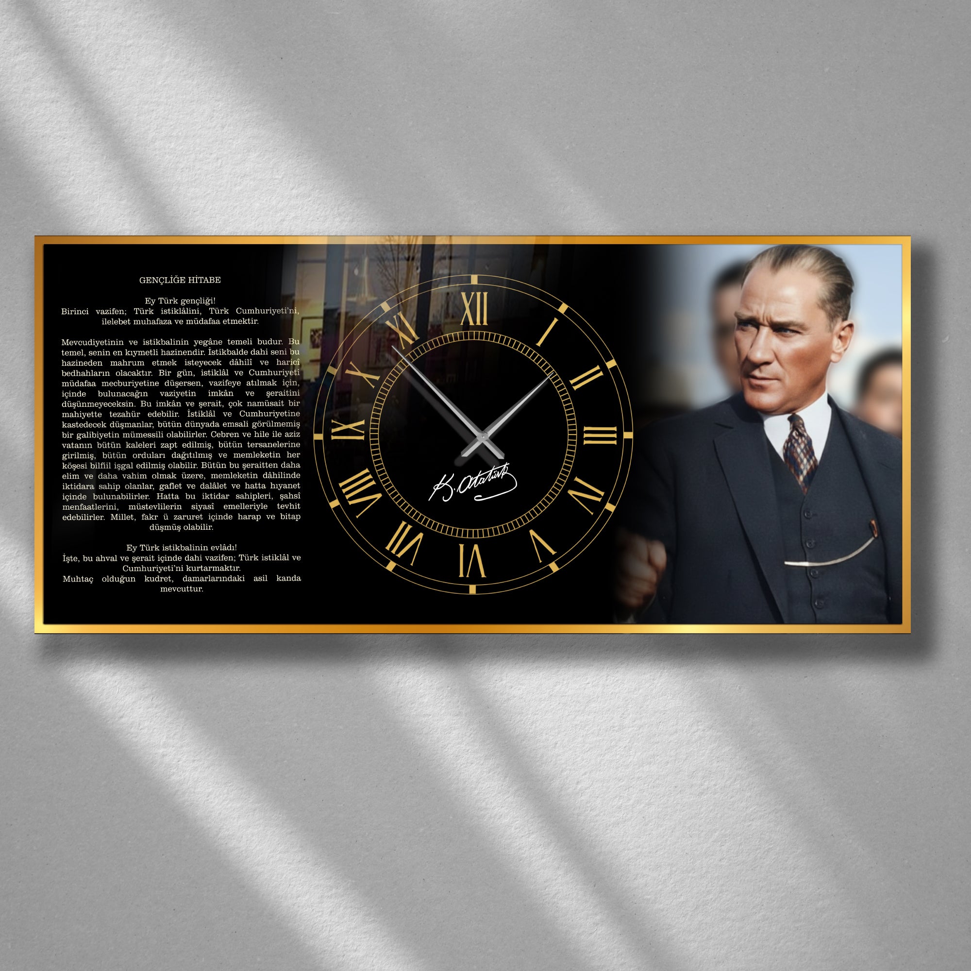 World Map Themed Tempered Glass Wall Clock – Modern Design with Gold Details, Large Wall Decor