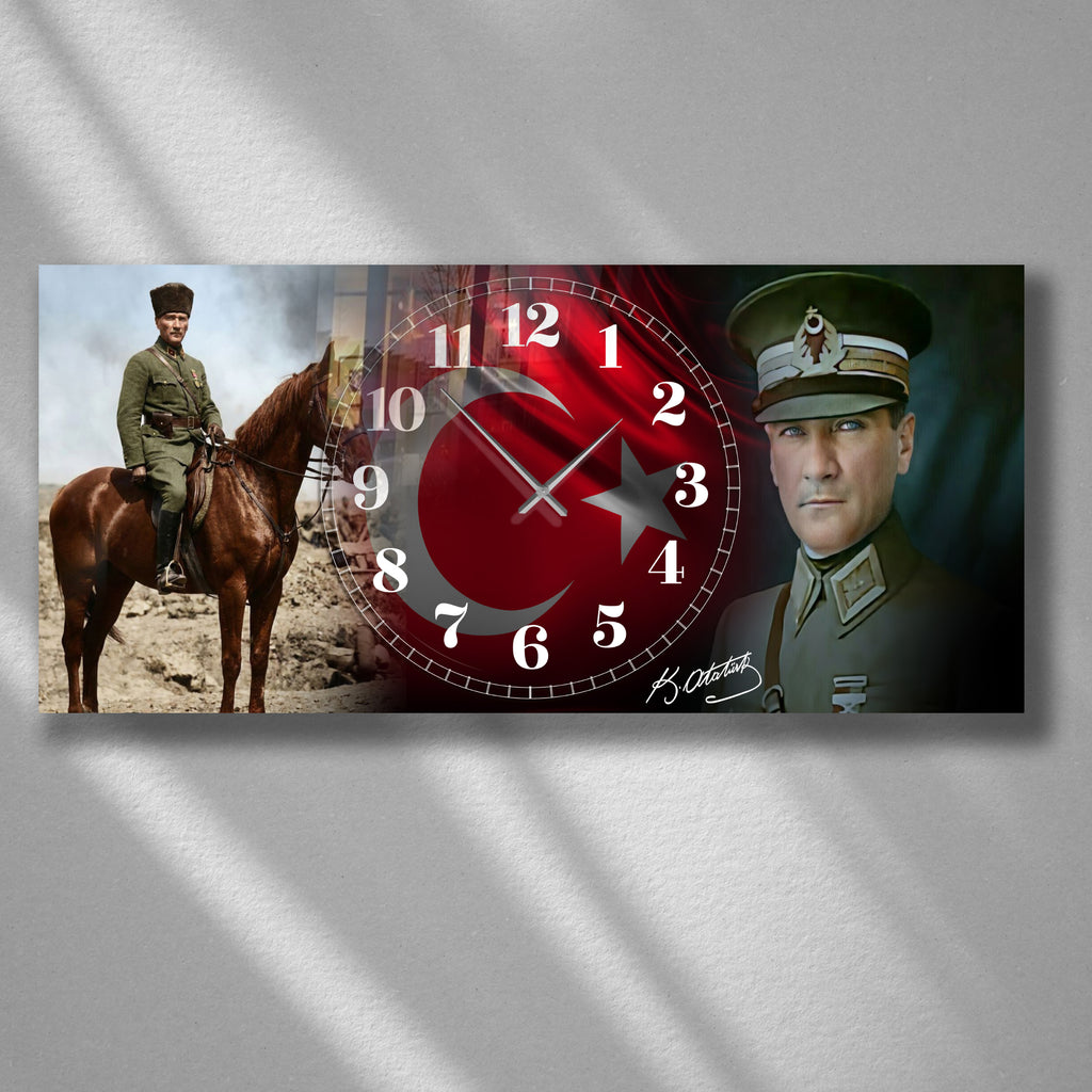 Temperli Cam Saat Atatürk Portresi Tasarım, Premium UV Baskı Duvar Saati