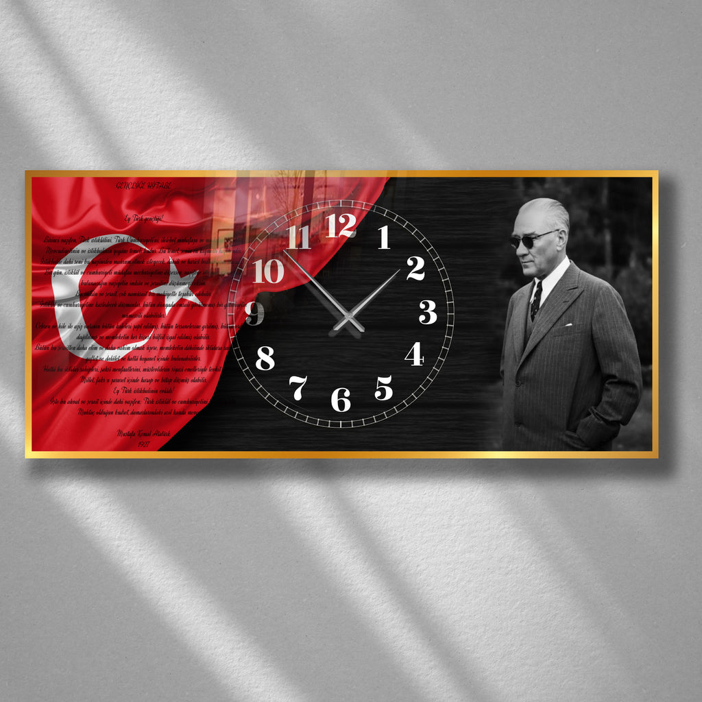 World Map Themed Tempered Glass Wall Clock – Modern Design with Gold Details, Large Wall Decor