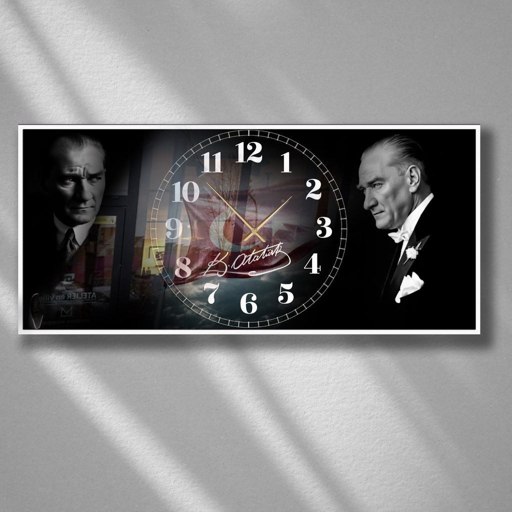 Temperli Cam Saat Atatürk Portresi Tasarım, Premium UV Baskı Duvar Saati